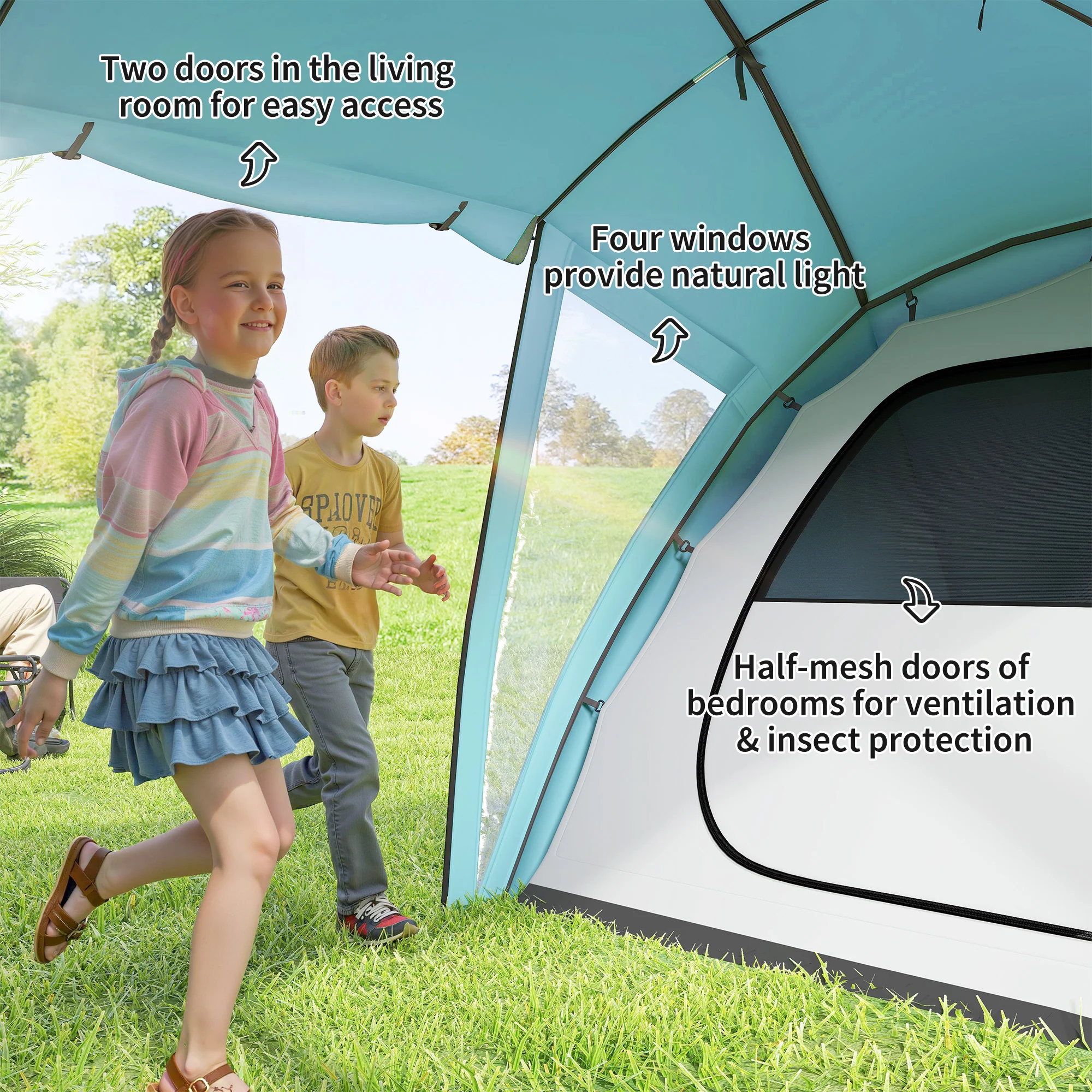 Outsunny 4-6 Man Family Camping Tent W/ 2 Bedrooms, A Living Room - Grey/Blue - Image 6