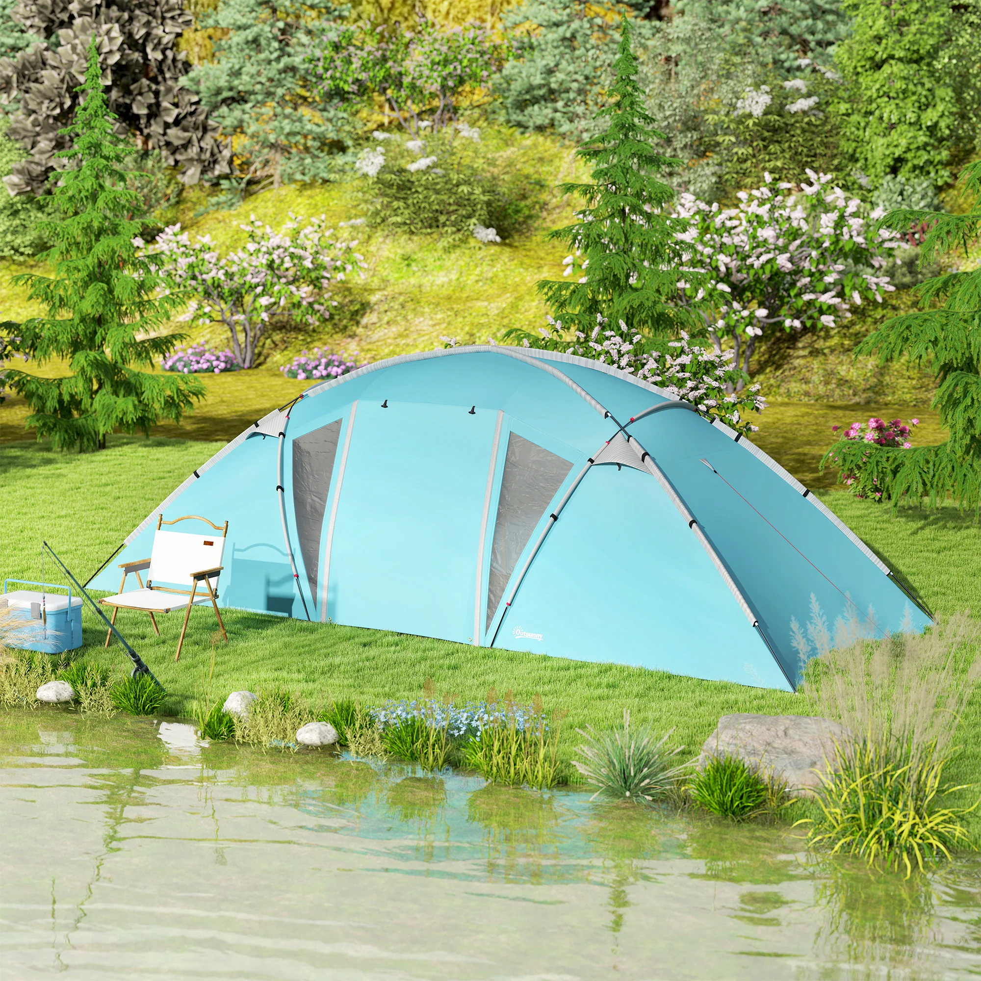 Outsunny 4-6 Man Family Camping Tent W/ 2 Bedrooms, A Living Room - Grey/Blue - Image 9