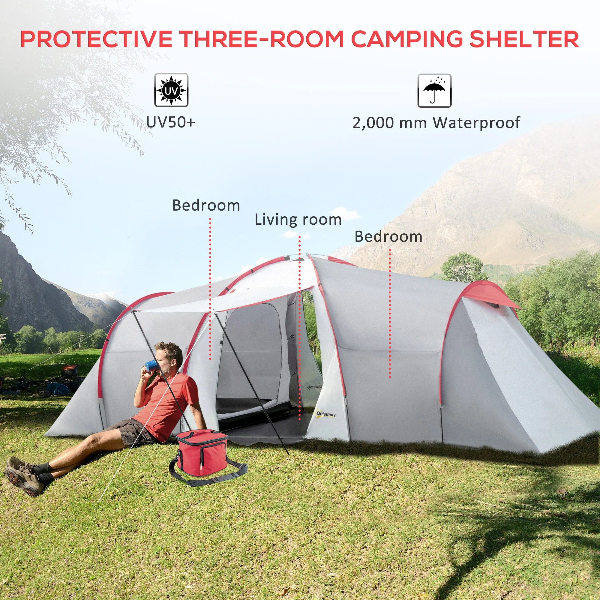 Outsunny 4-6 Person Camping Tent With 2 Bedroom, Living Area And Vestibule - Image 3