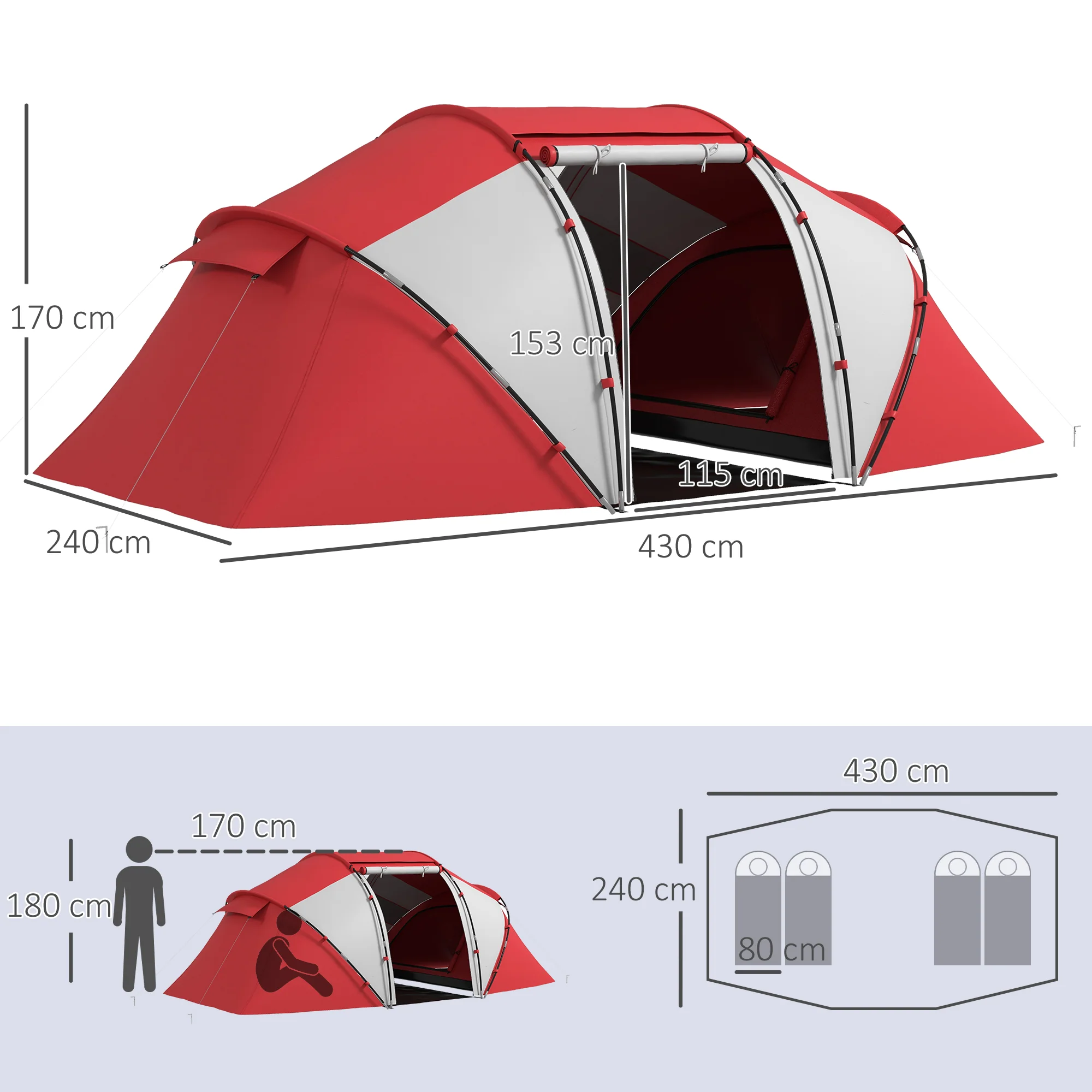 Outsunny 4-6 Persons Camping Tent Dome Family Travel Group Hiking Room Fishing - Image 3