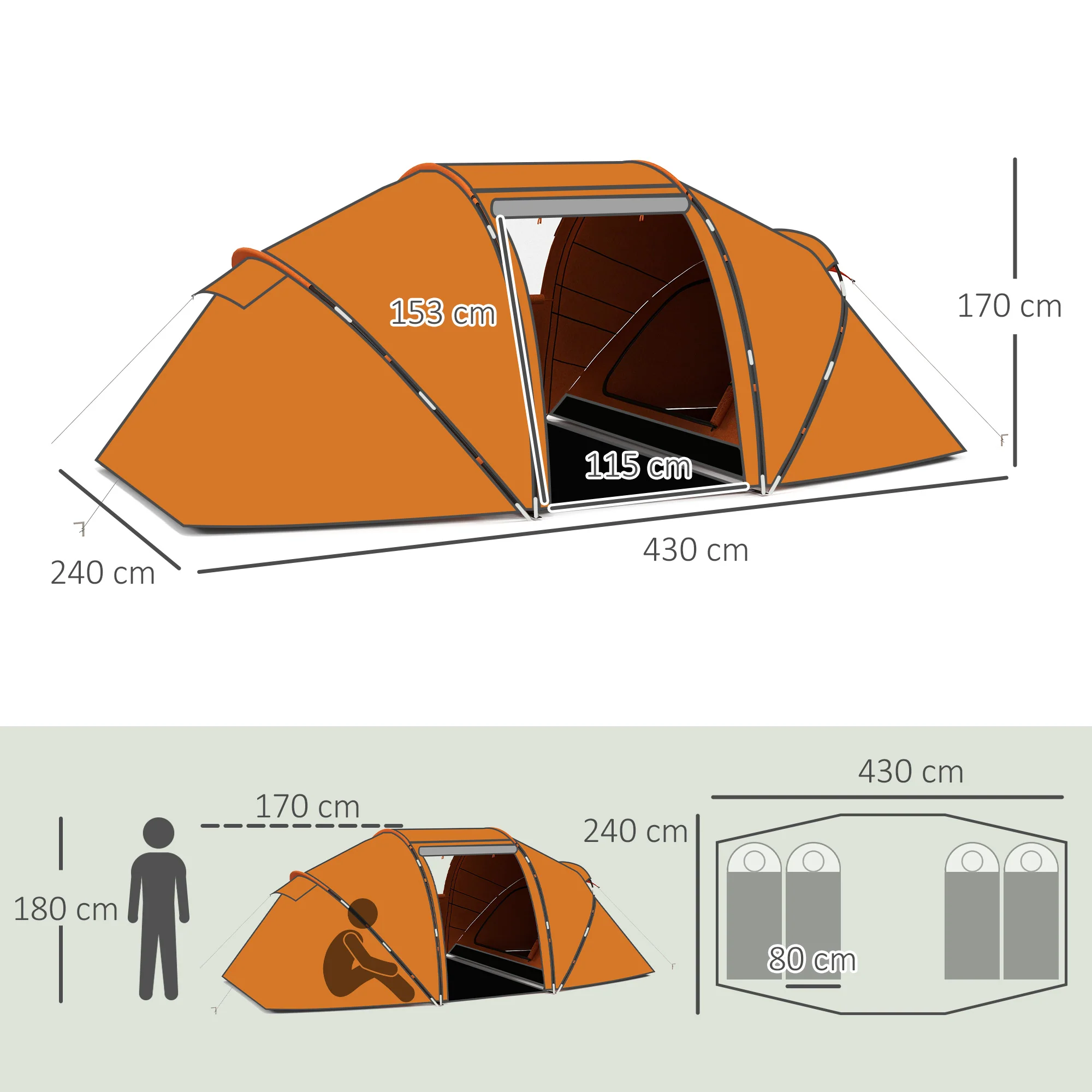 Outsunny 4-6 Persons Camping Tent Dome Family Travel Group Hiking Room Fishing - Image 5