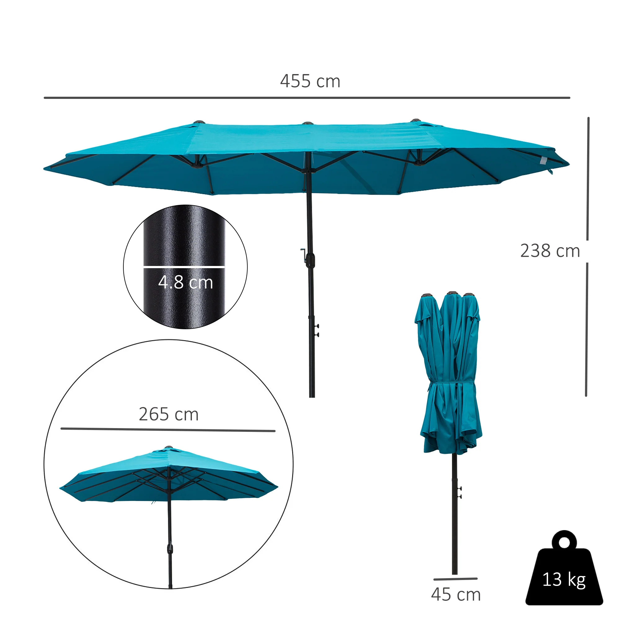 Outsunny 4.6M Garden Patio Umbrella Canopy Parasol Sun Shade W/o Base Blue - Image 5