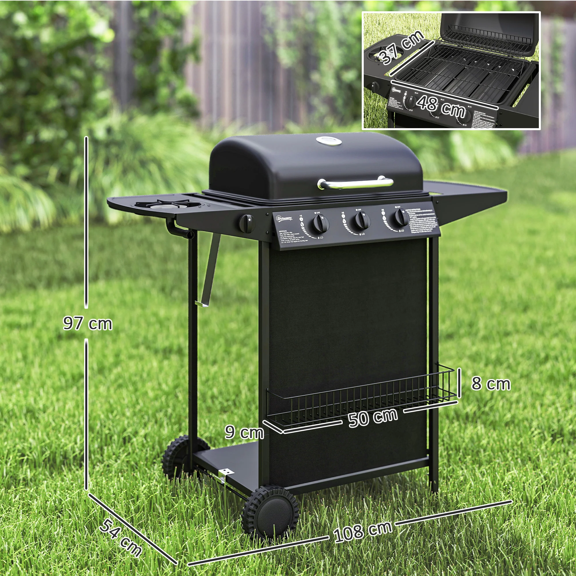 Outsunny 4 Burner Gas Barbecue Grill Portable Gas BBQ Grill with Lid, Black - Image 5