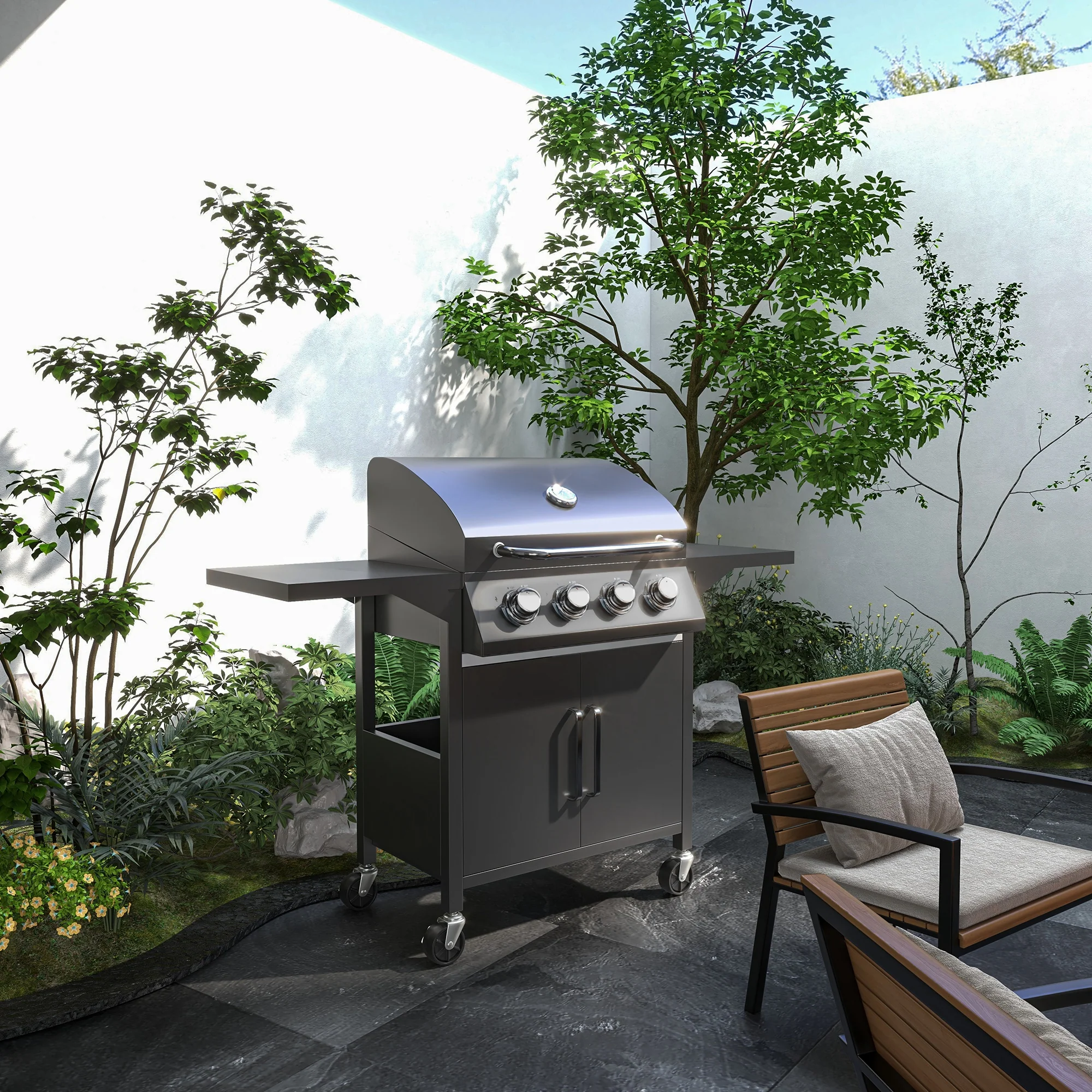 Outsunny 4 Burner Gas Grill Portable BBQ Trolley w/ 4 Wheels and Side Shelves - Image 2