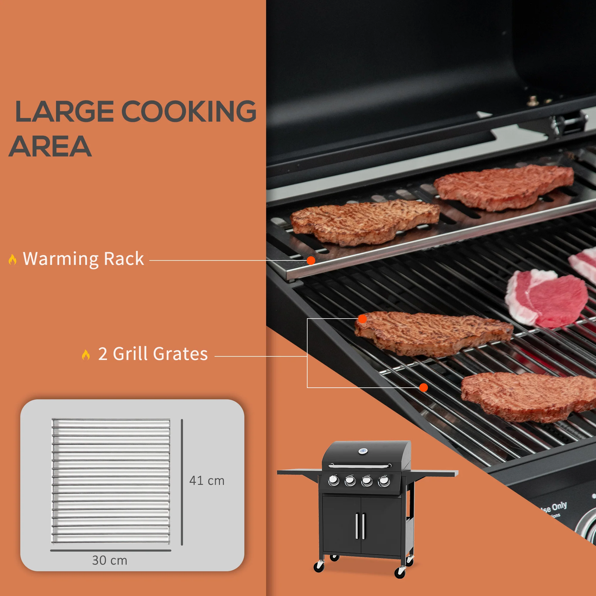 Outsunny 4 Burner Gas Grill Portable BBQ Trolley w/ 4 Wheels and Side Shelves - Image 3