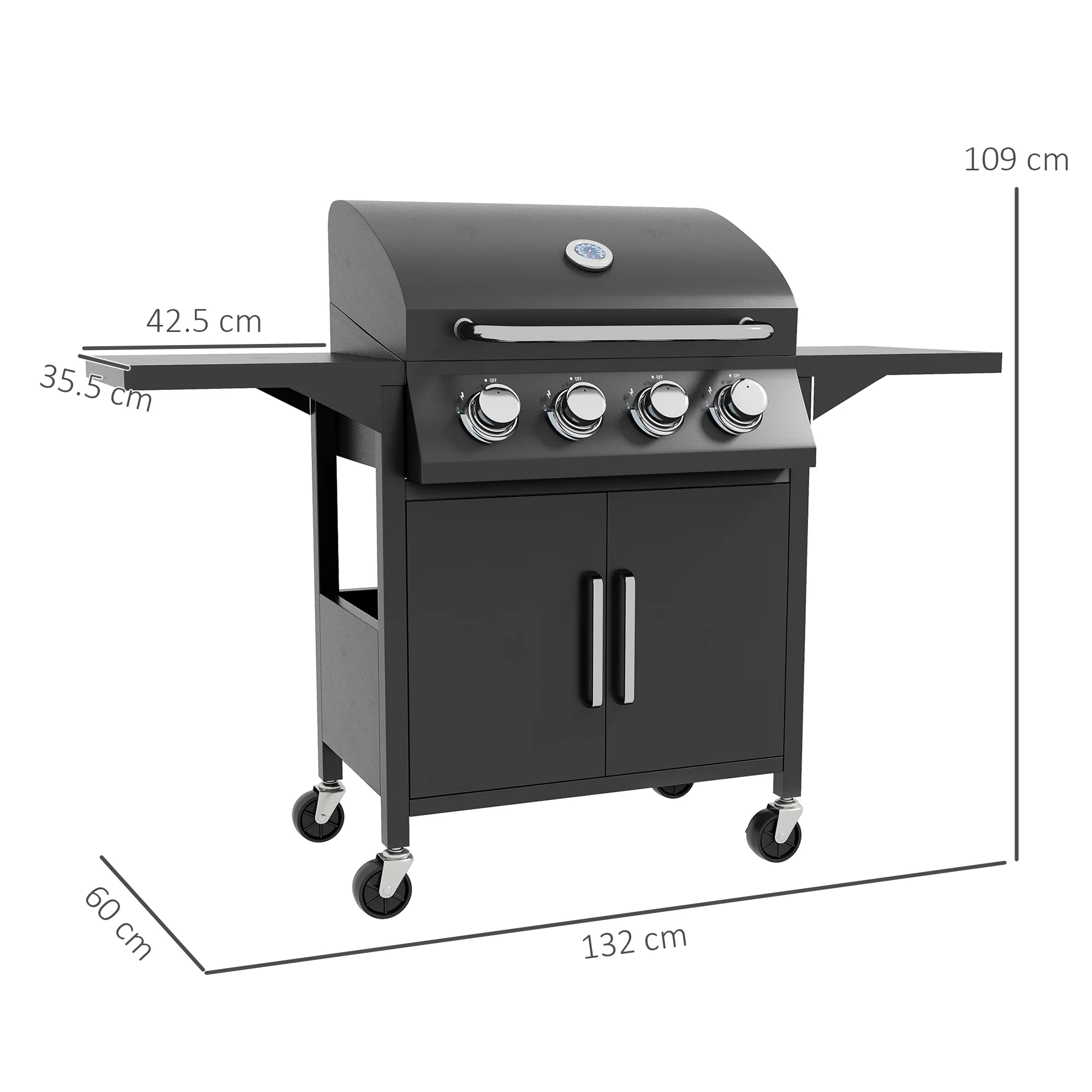 Outsunny 4 Burner Gas Grill Portable BBQ Trolley w/ 4 Wheels and Side Shelves - Image 5