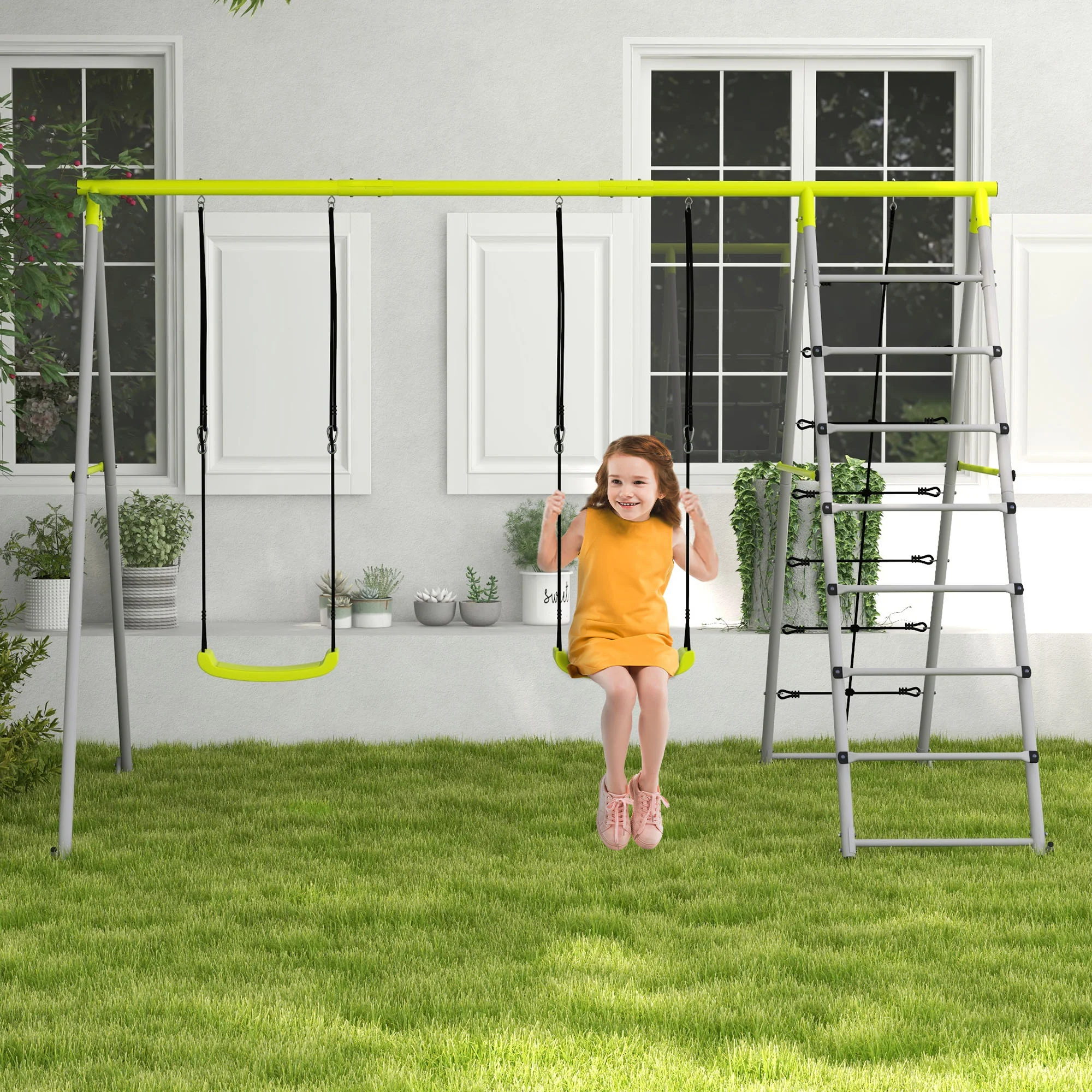 Outsunny 4-in-1 Metal Kids Swing Set with Double Swings, Climber, Climbing Net - Image 2