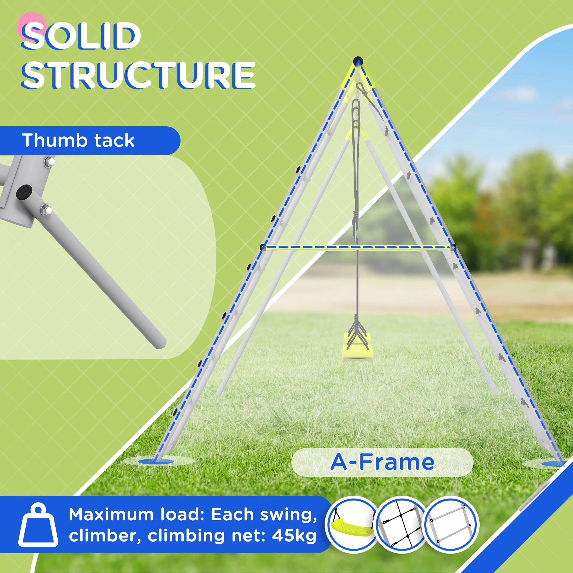 Outsunny 4-in-1 Metal Kids Swing Set with Double Swings, Climber, Climbing Net - Image 3