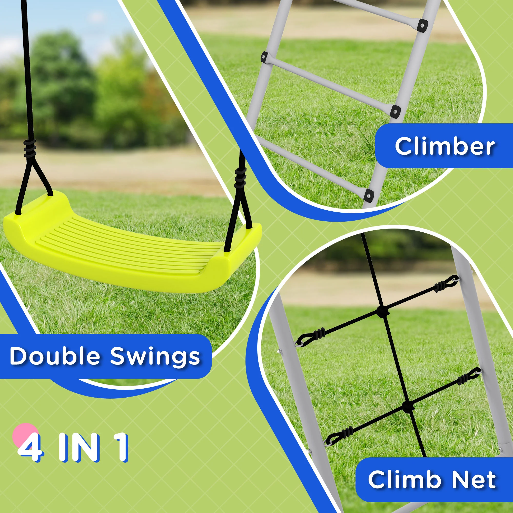 Outsunny 4-in-1 Metal Kids Swing Set with Double Swings, Climber, Climbing Net - Image 4