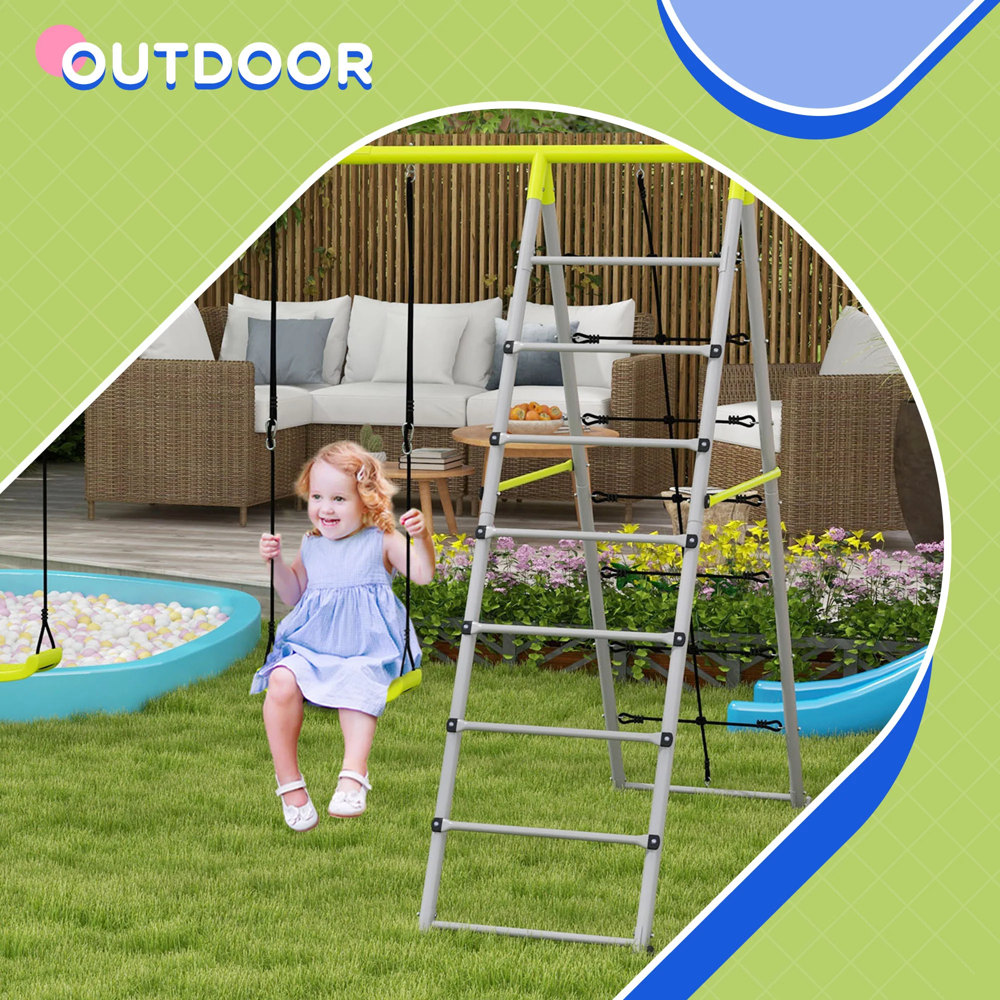 Outsunny 4-in-1 Metal Kids Swing Set with Double Swings, Climber, Climbing Net - Image 6