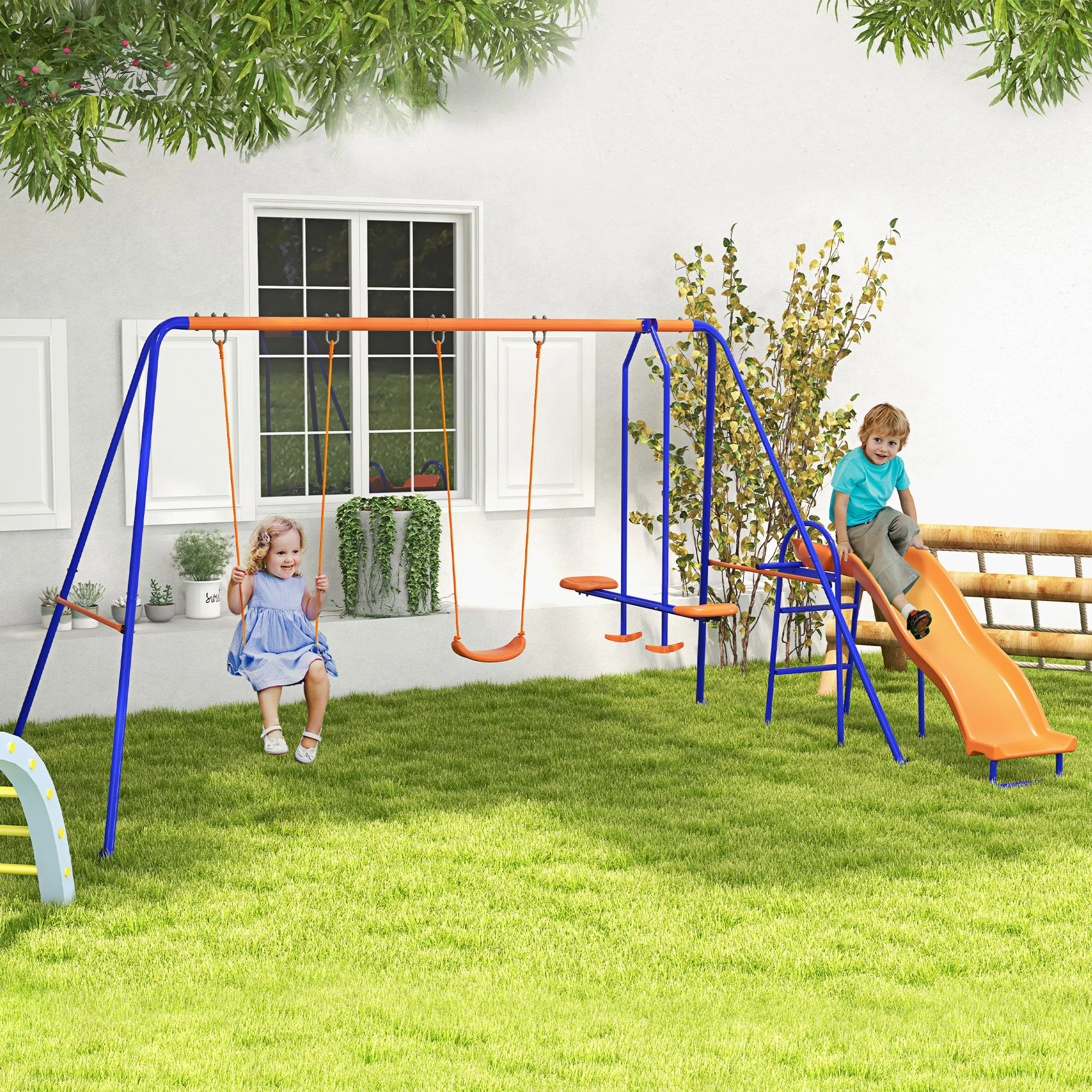 Outsunny 4 in 1 Metal Kids Swing Set with Double Swings, Glider, Slide, Ladder - Image 2