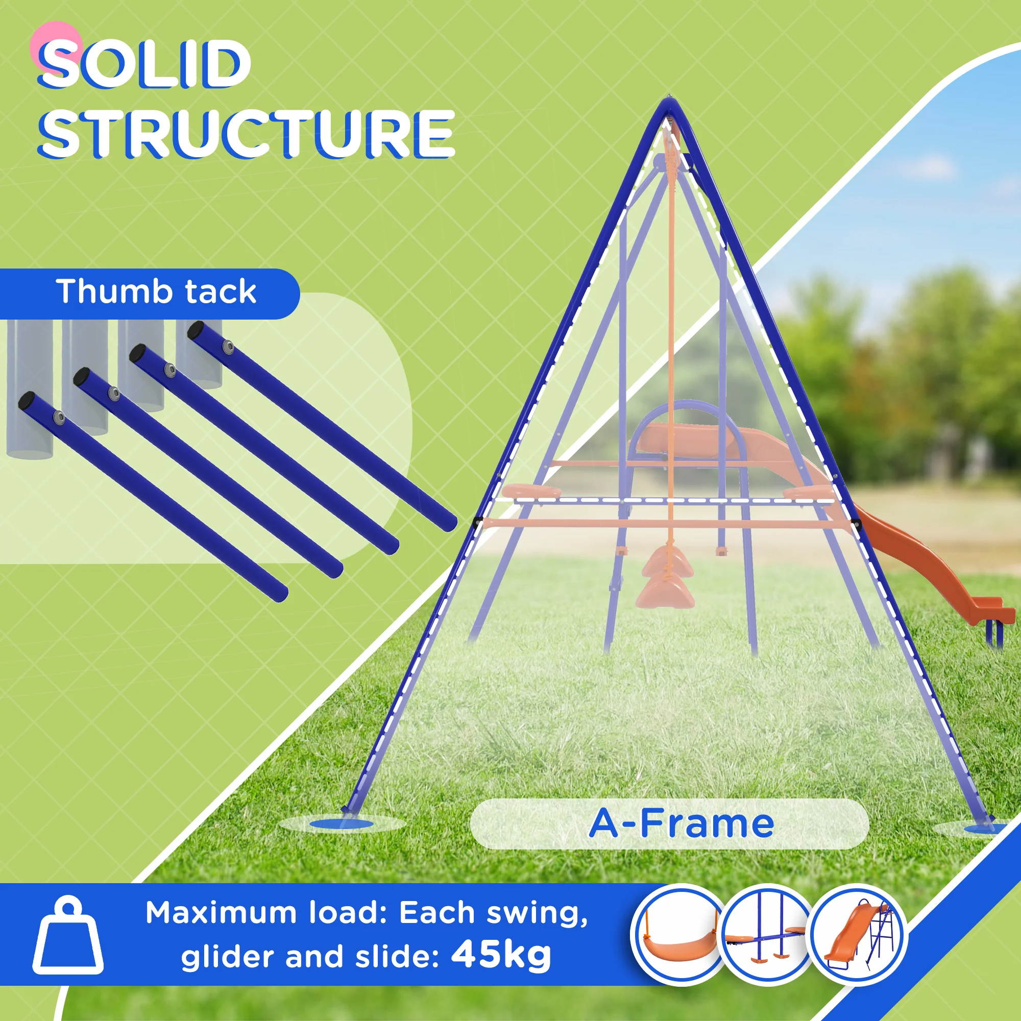 Outsunny 4 in 1 Metal Kids Swing Set with Double Swings, Glider, Slide, Ladder - Image 3