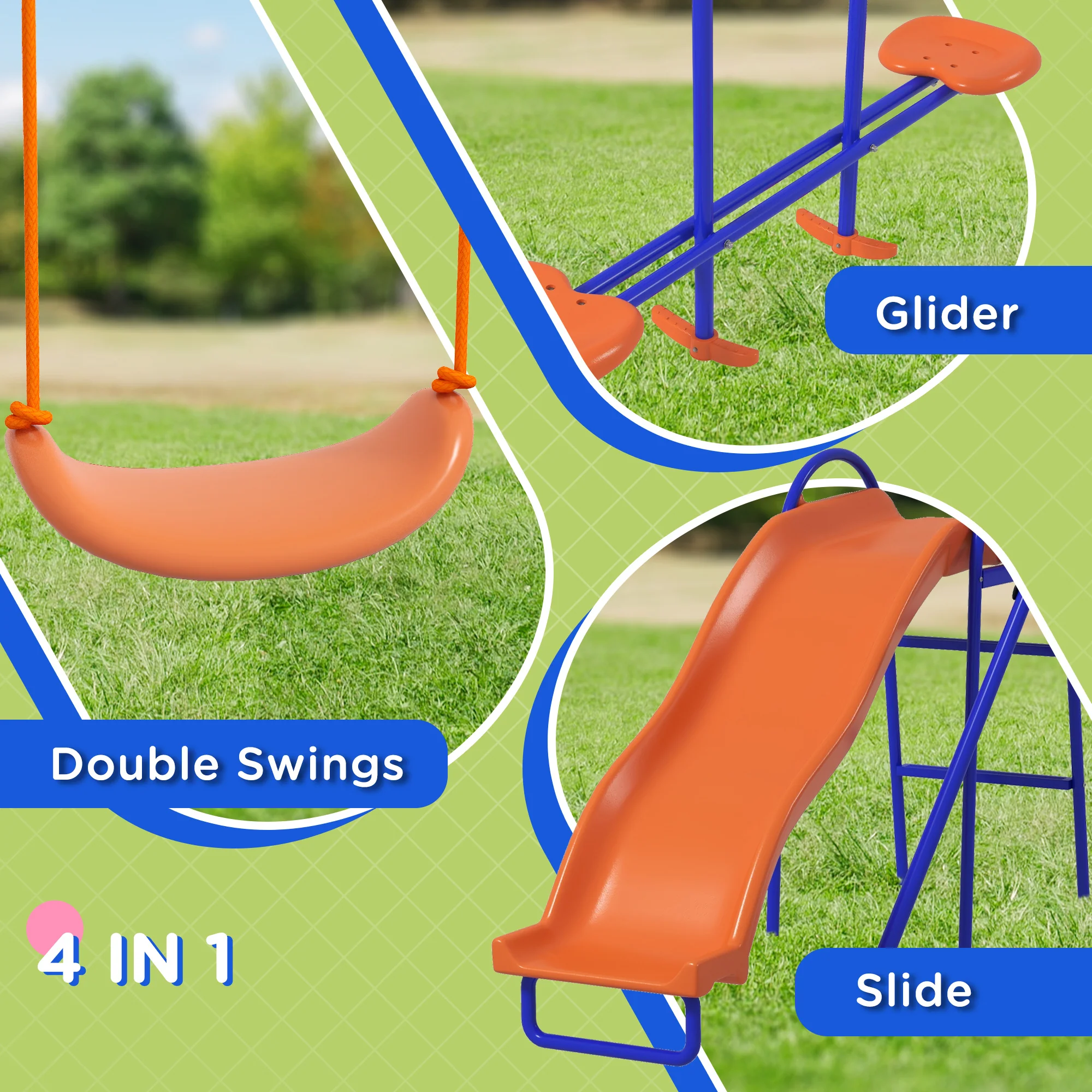 Outsunny 4 in 1 Metal Kids Swing Set with Double Swings, Glider, Slide, Ladder - Image 4