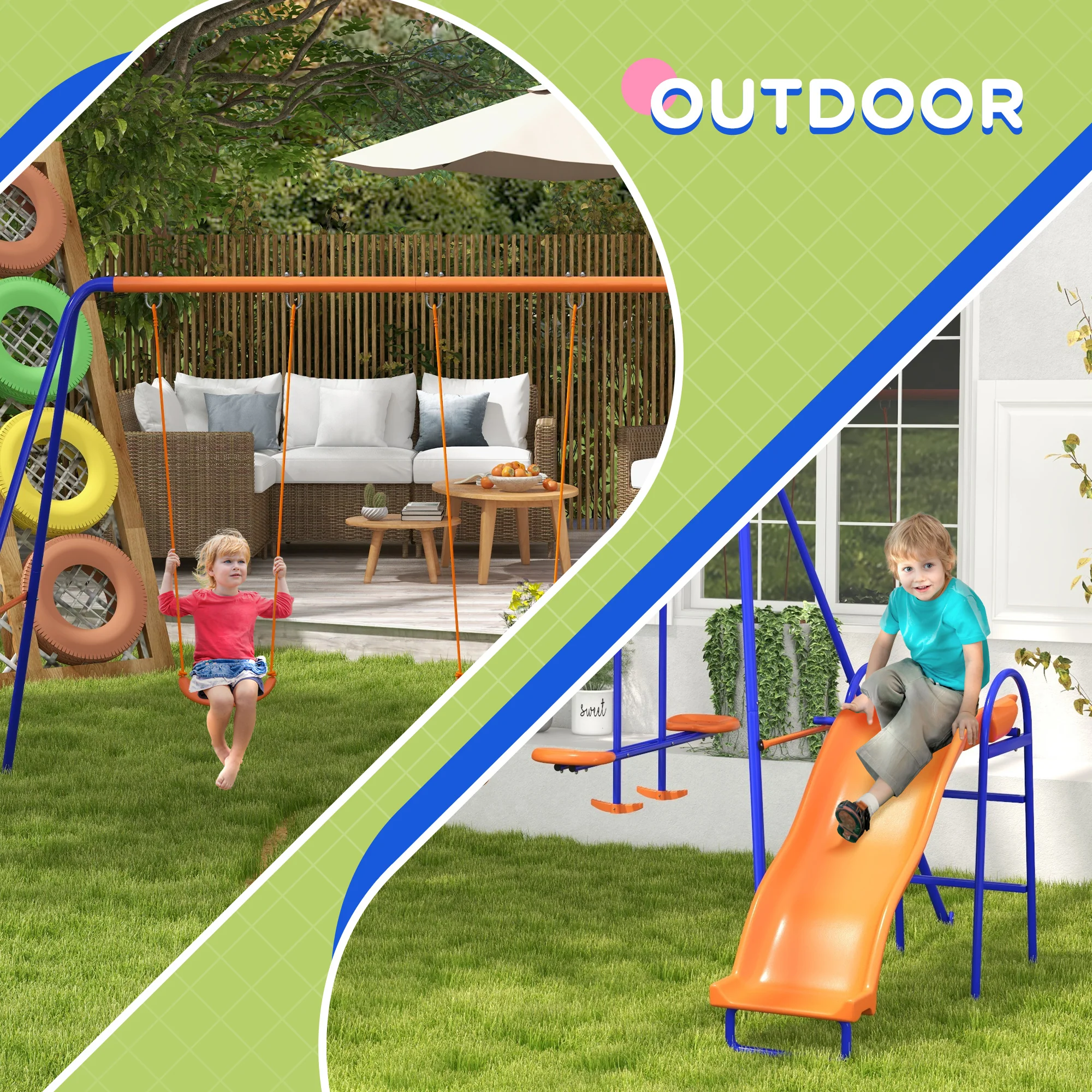 Outsunny 4 in 1 Metal Kids Swing Set with Double Swings, Glider, Slide, Ladder - Image 6