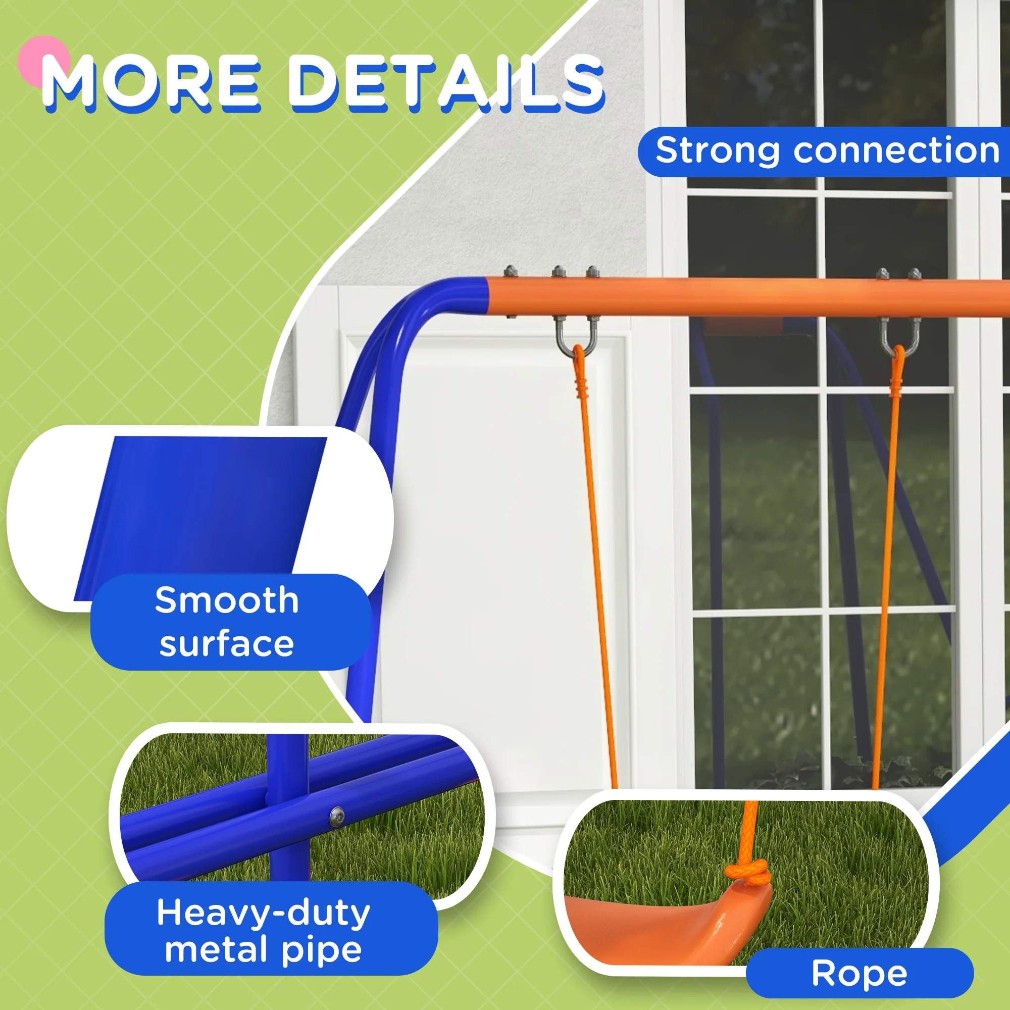 Outsunny 4 in 1 Metal Kids Swing Set with Double Swings, Glider, Slide, Ladder - Image 7