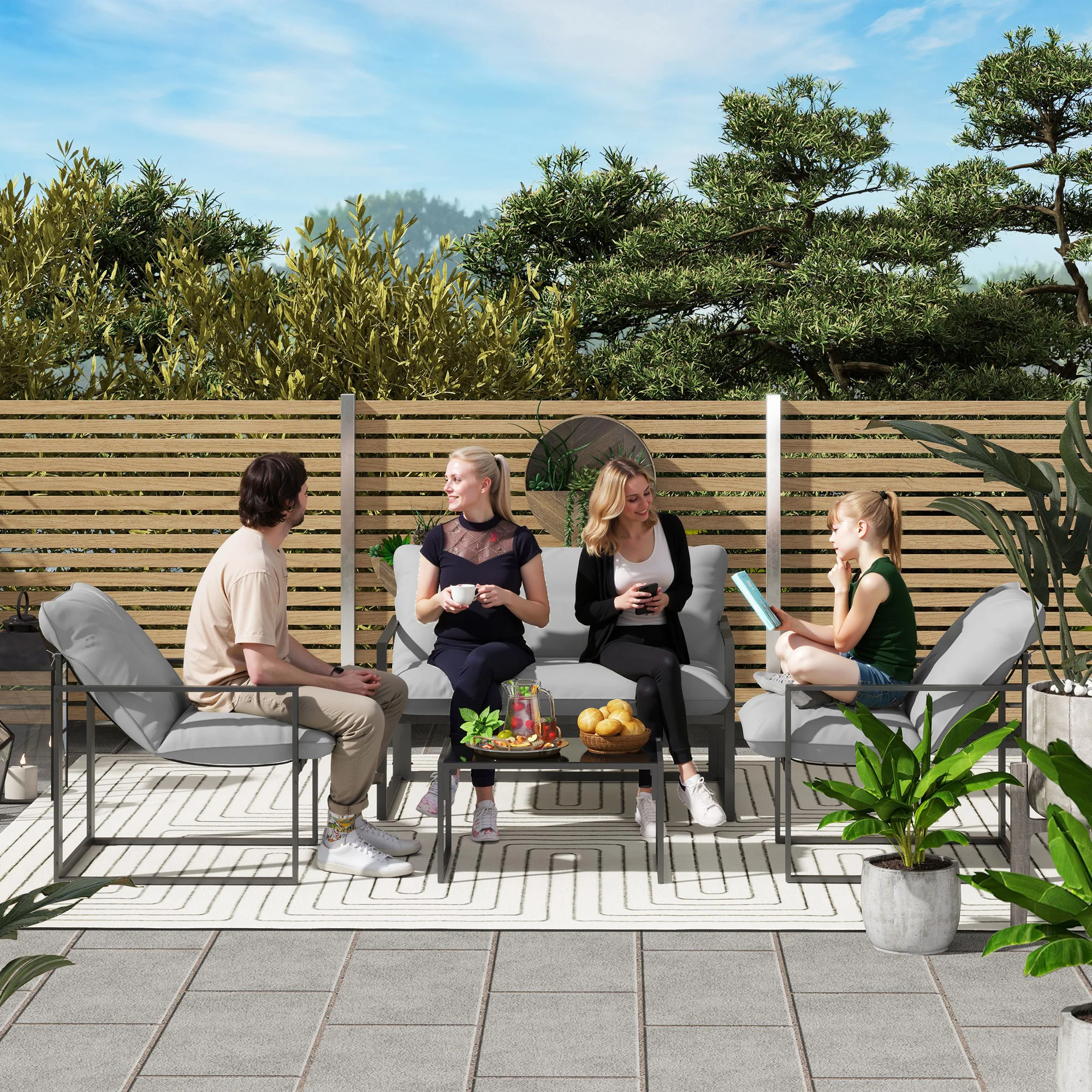 Outsunny 4 PCs Garden Sofa Set With 2 Armchairs Loveseat Coffee Table - Image 2