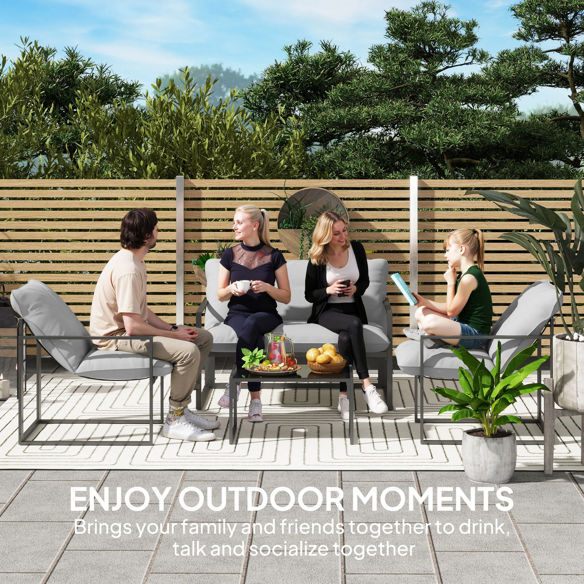 Outsunny 4 PCs Garden Sofa Set With 2 Armchairs Loveseat Coffee Table - Image 7