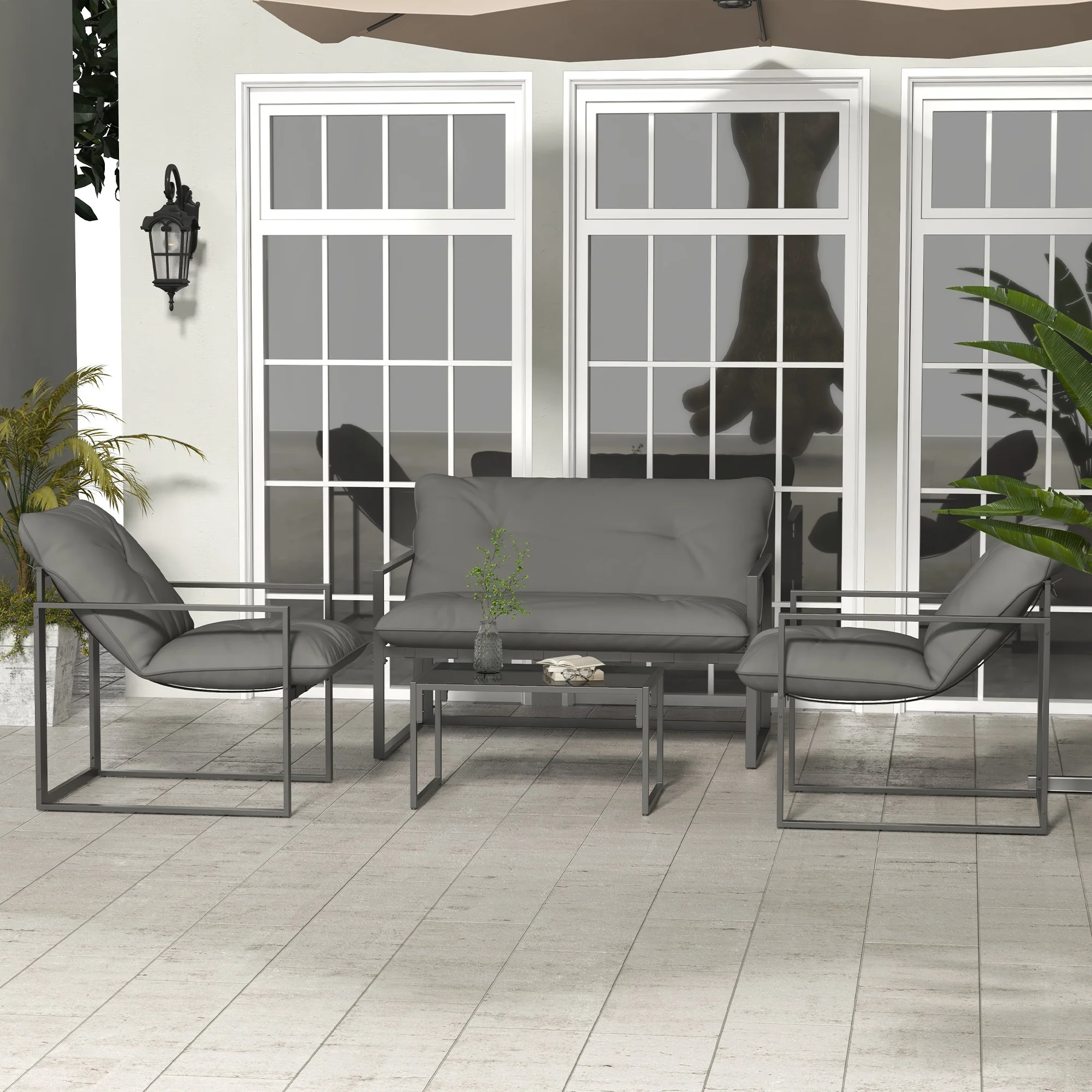 Outsunny 4 PCs Garden Sofa Set With 2 Armchairs Loveseat Coffee Table, Grey - Image 2