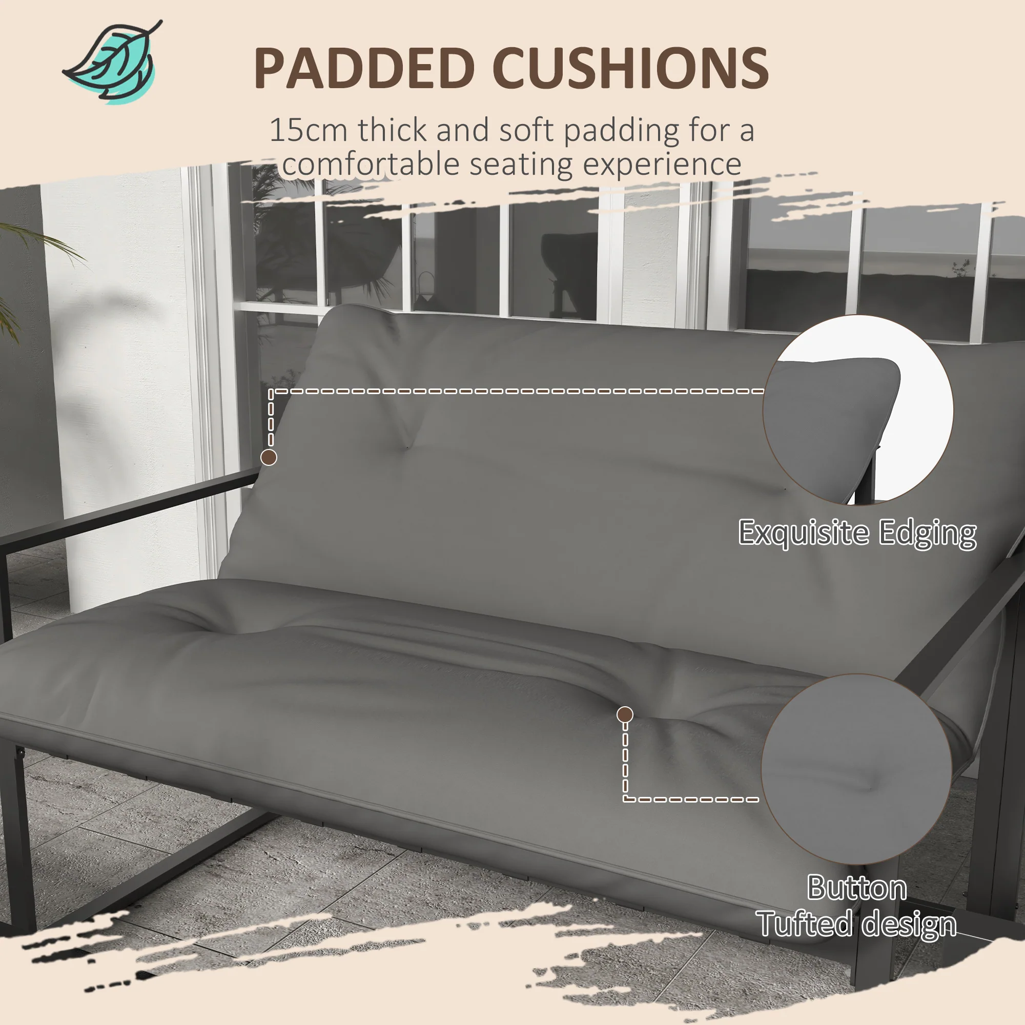 Outsunny 4 PCs Garden Sofa Set With 2 Armchairs Loveseat Coffee Table, Grey - Image 3