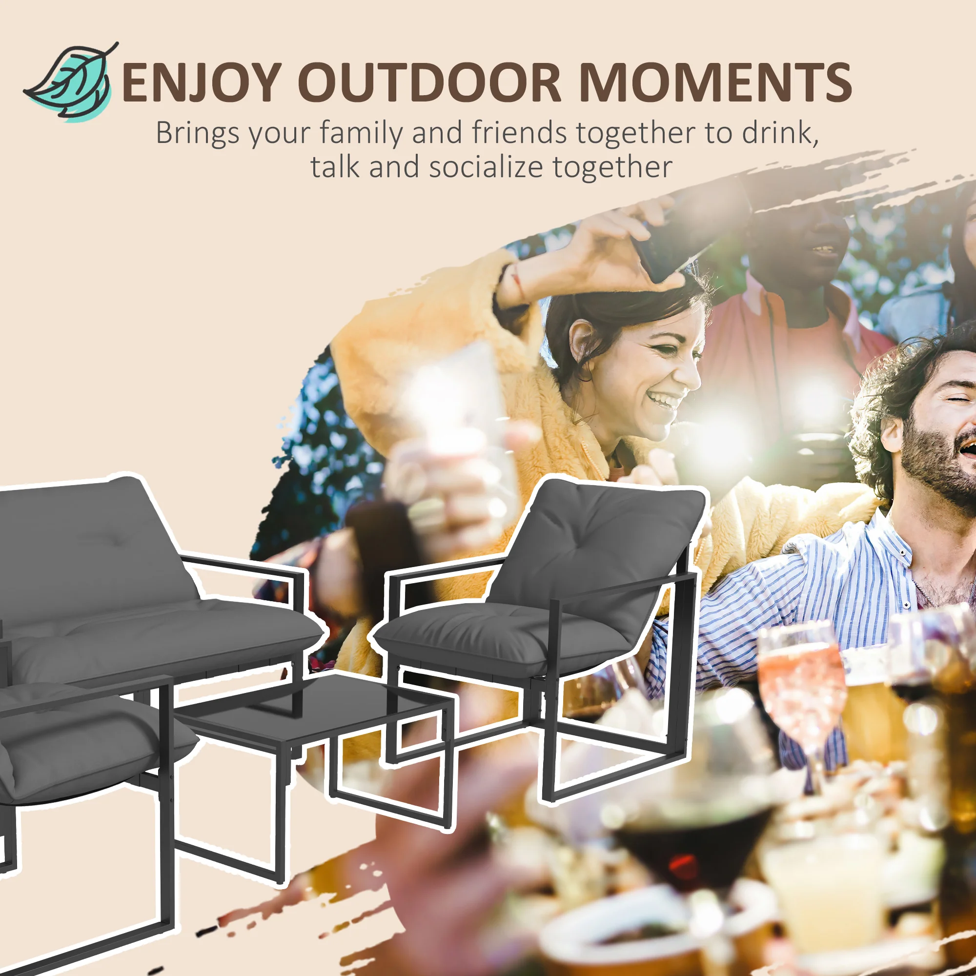 Outsunny 4 PCs Garden Sofa Set With 2 Armchairs Loveseat Coffee Table, Grey - Image 7