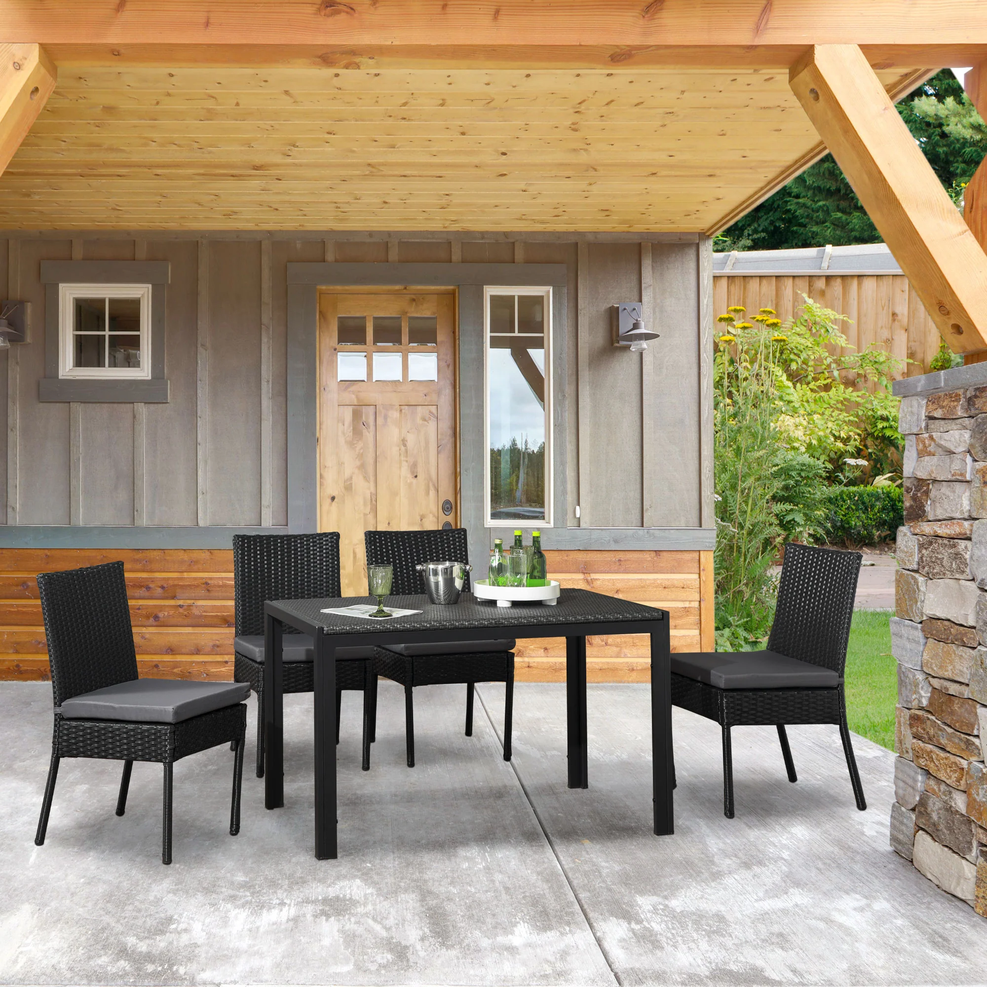 Outsunny 4 PCs Rattan Garden Chairs With Cushion, Wicker Dining Chairs - Black/Brown - Image 11
