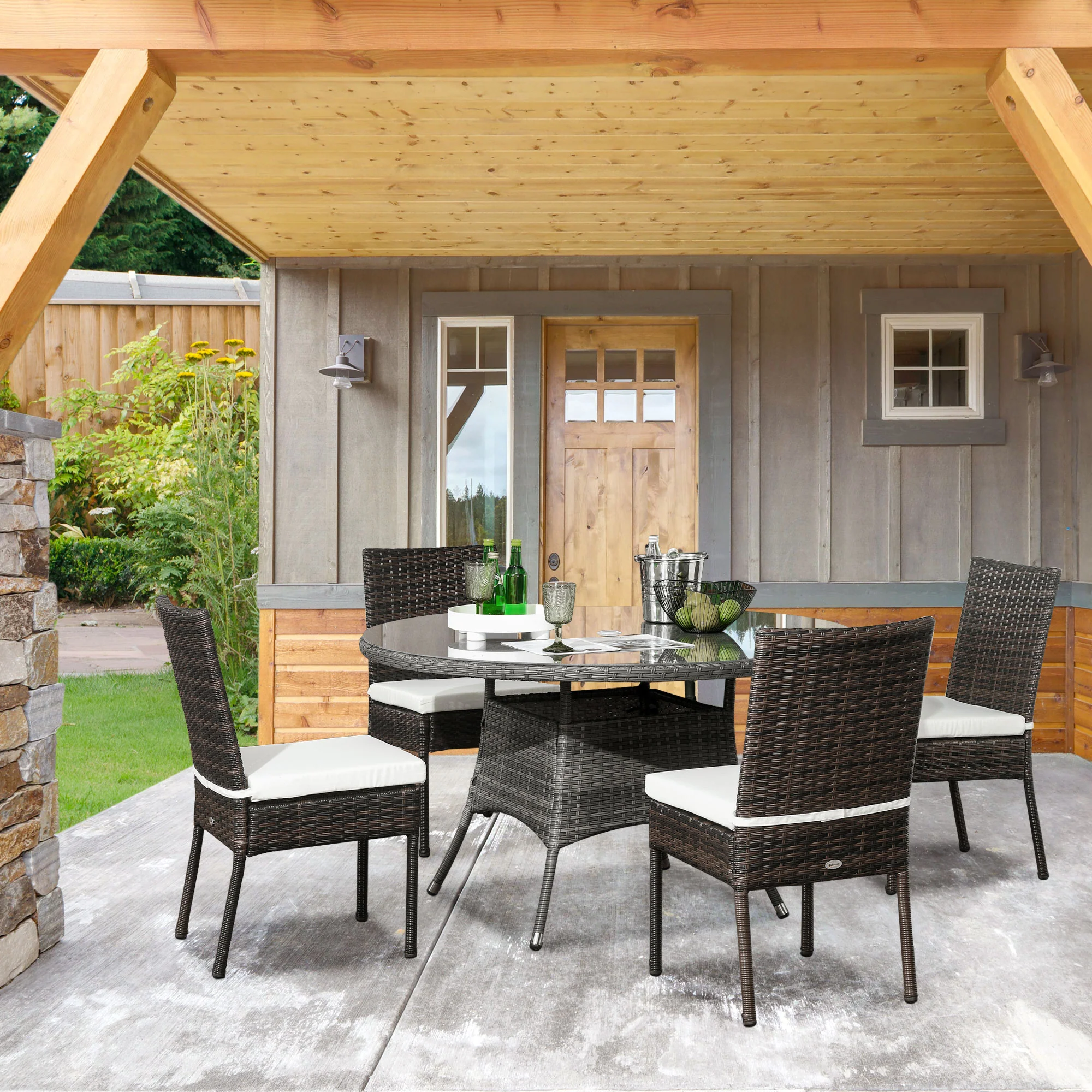Outsunny 4 PCs Rattan Garden Chairs With Cushion, Wicker Dining Chairs - Black/Brown - Image 2