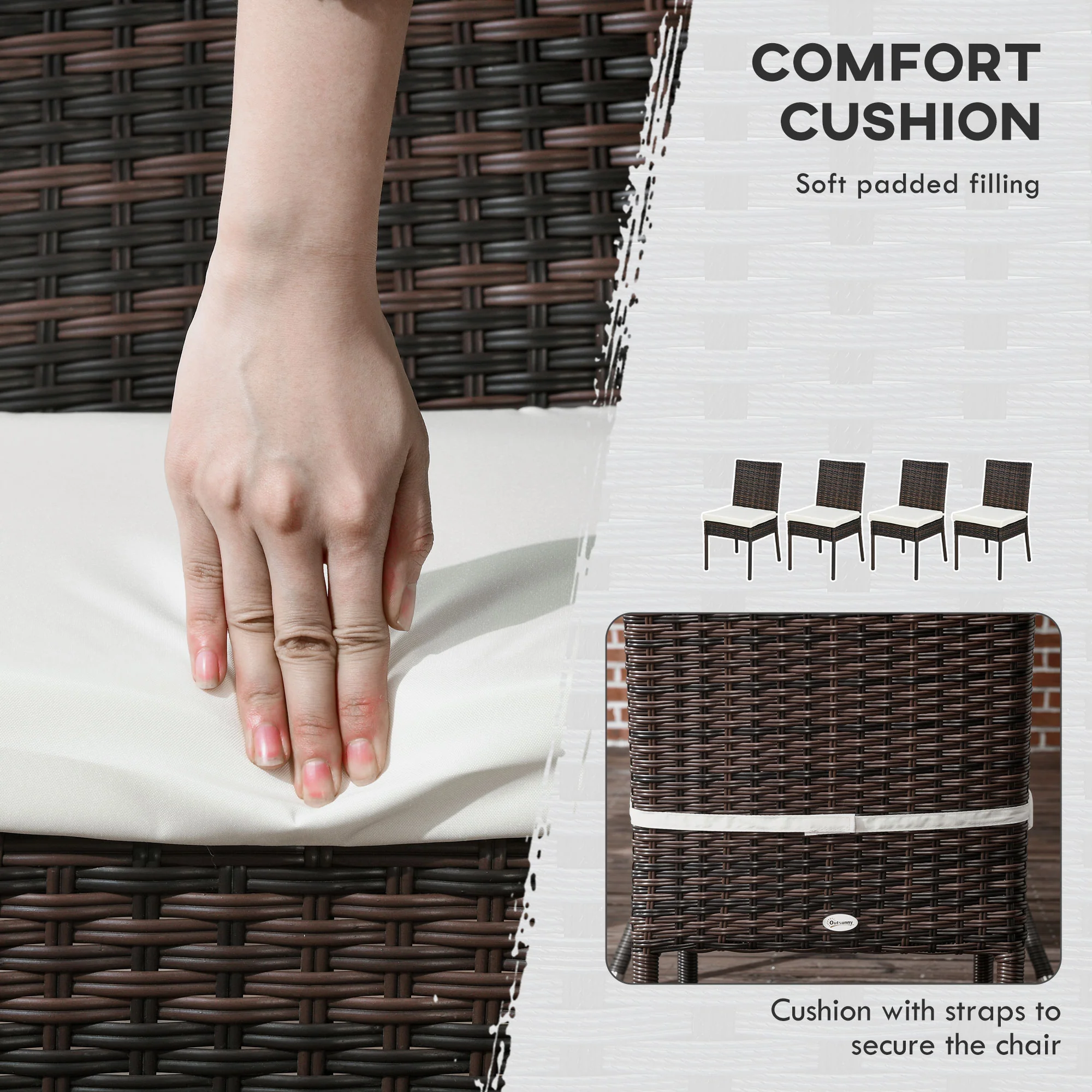 Outsunny 4 PCs Rattan Garden Chairs With Cushion, Wicker Dining Chairs - Black/Brown - Image 3