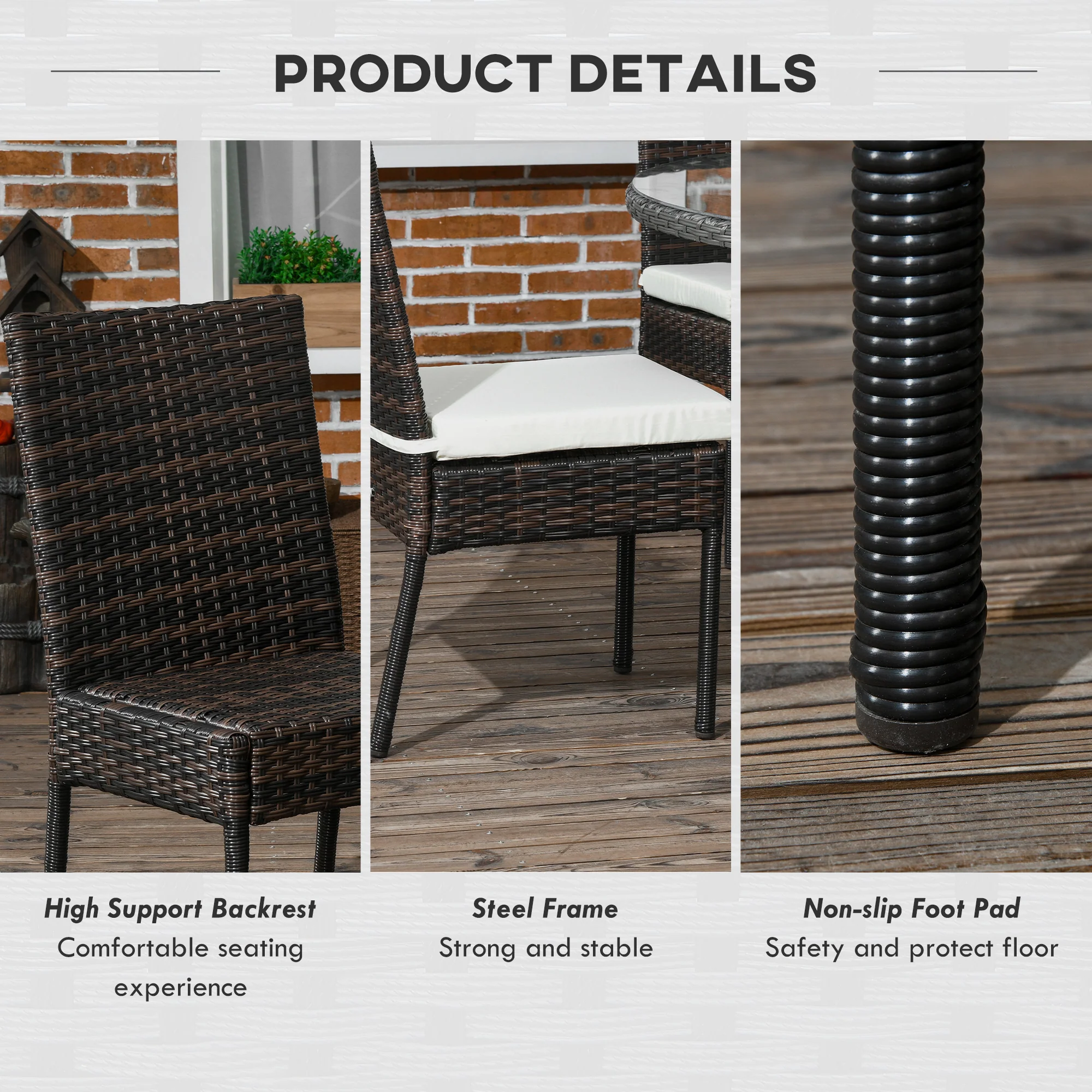 Outsunny 4 PCs Rattan Garden Chairs With Cushion, Wicker Dining Chairs - Black/Brown - Image 6