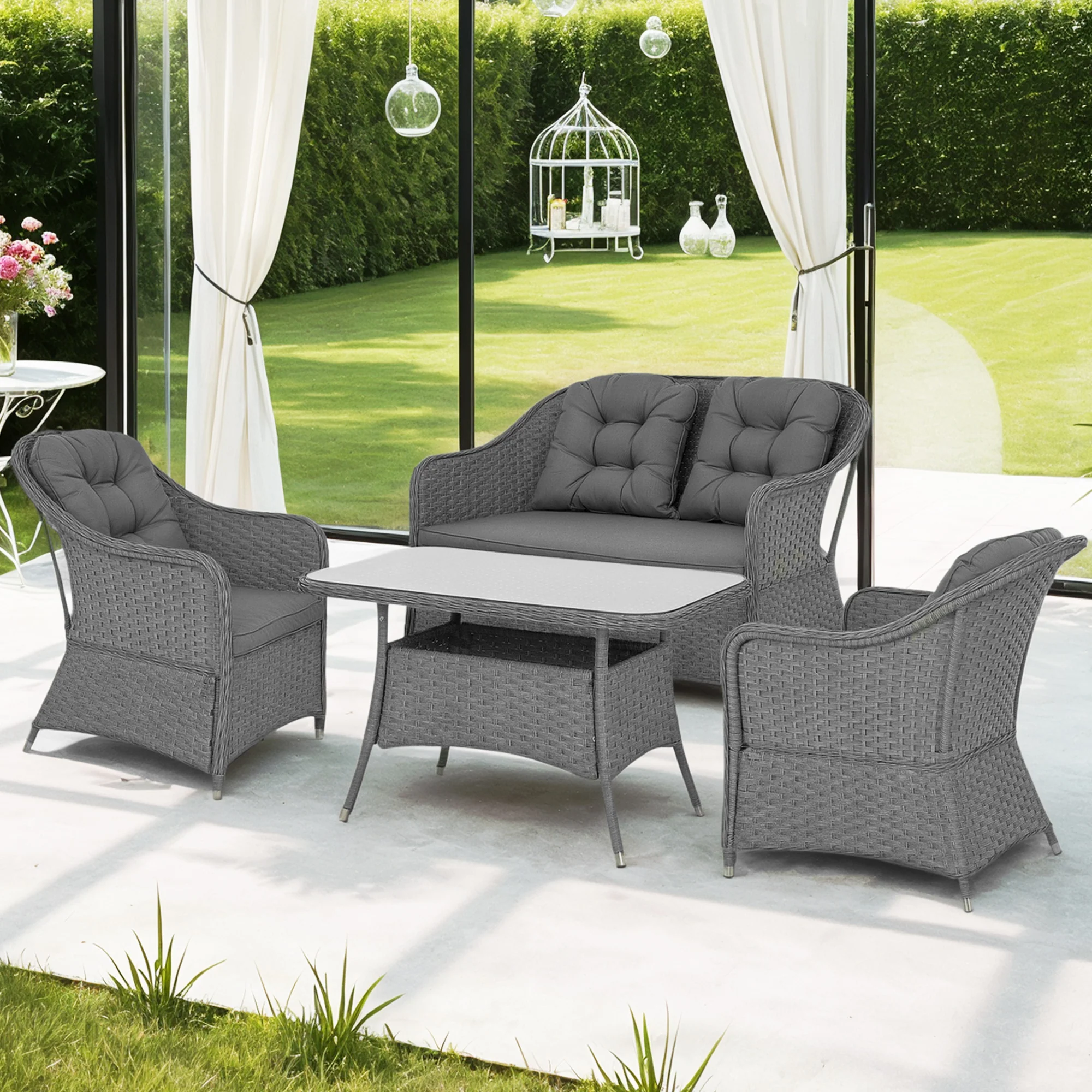 Outsunny 4 PCS Rattan Garden Furniture, Padded Cushions Conversation Sofa Set - Image 2