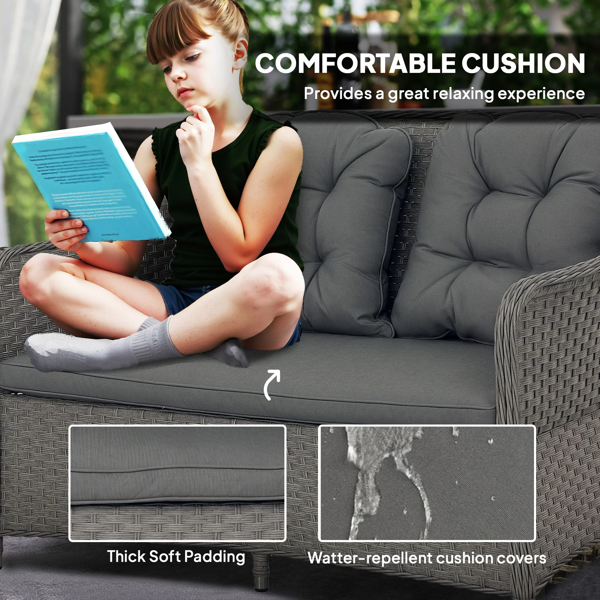 Outsunny 4 PCS Rattan Garden Furniture, Padded Cushions Conversation Sofa Set - Image 4