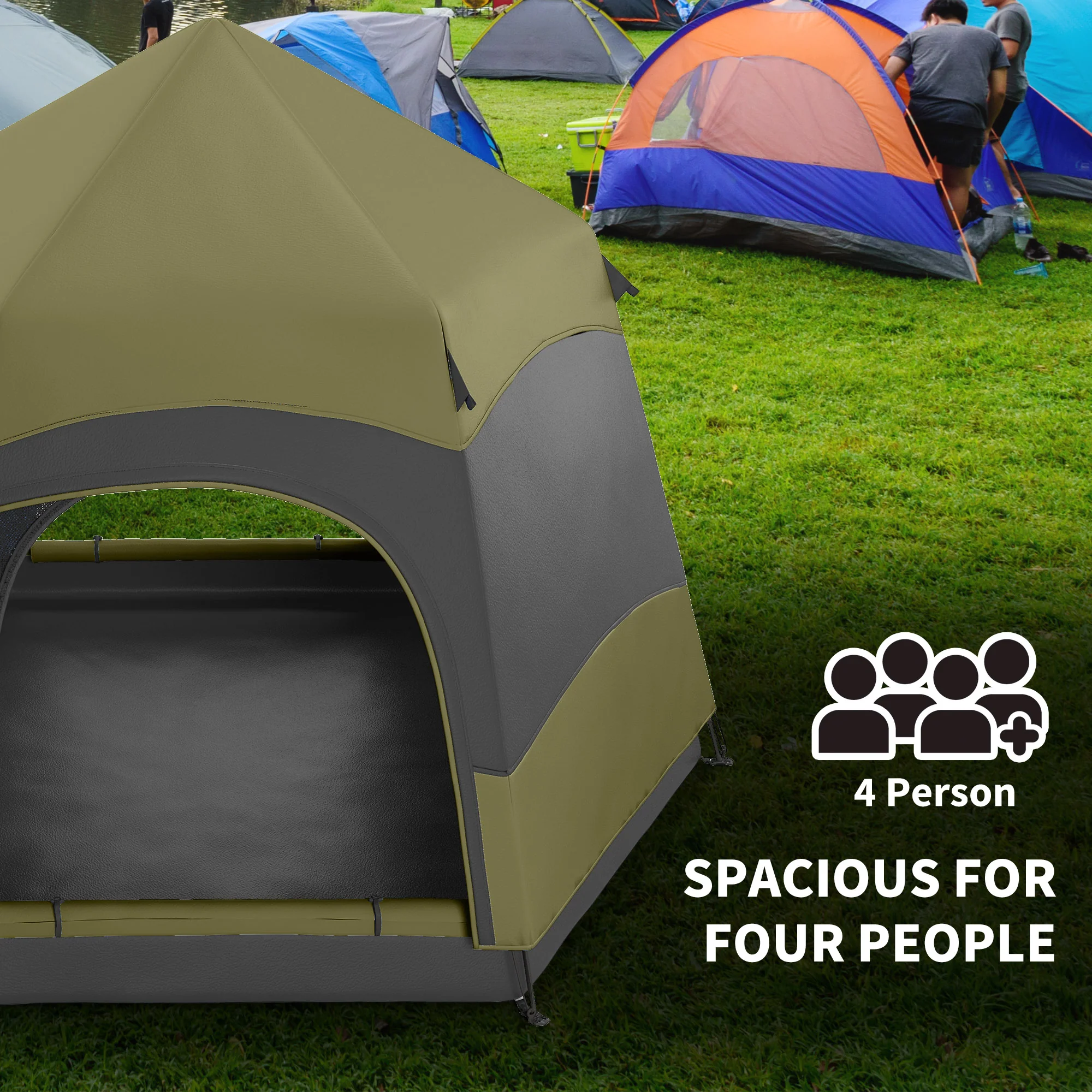 Outsunny 4 Person Camping Tent Festival Hiking Shelter, Dark Green - Image 3