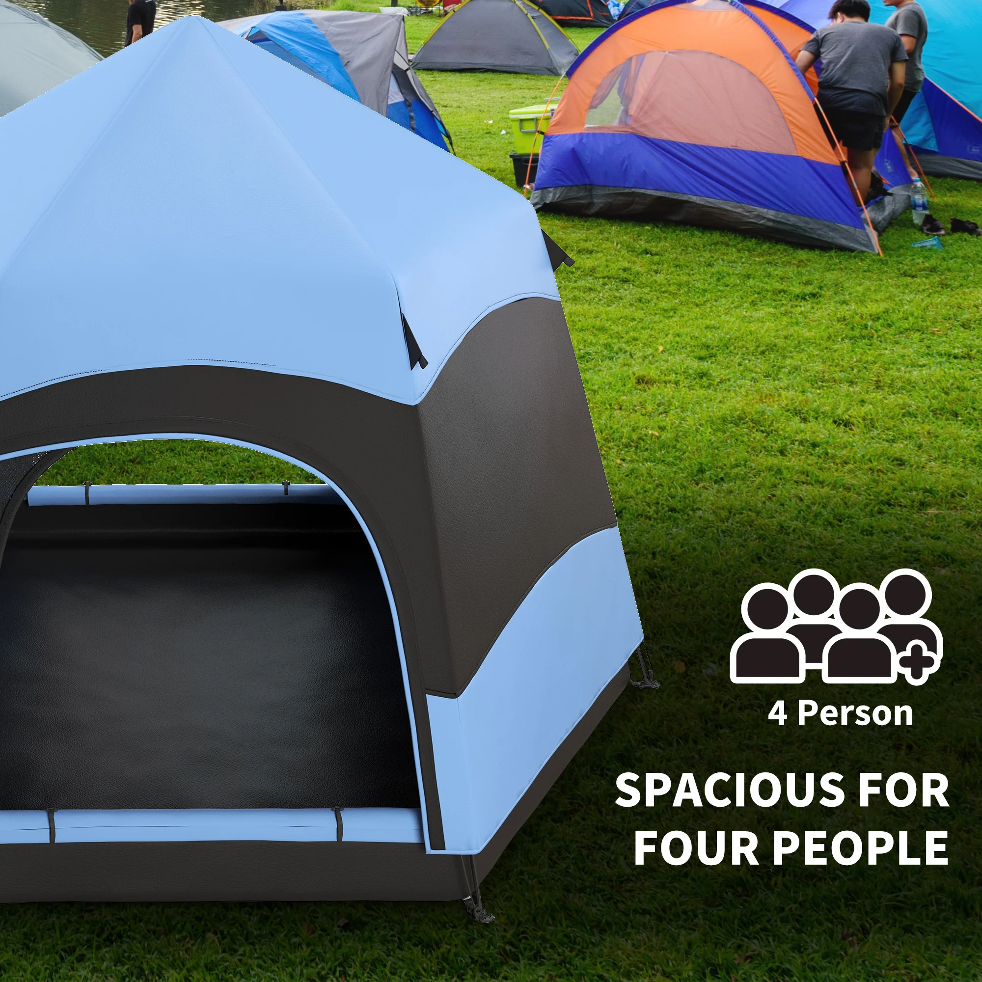 Outsunny 4 Person Pop Up Tent Camping Festival Hiking Shelter Family Blue&Black - Image 3