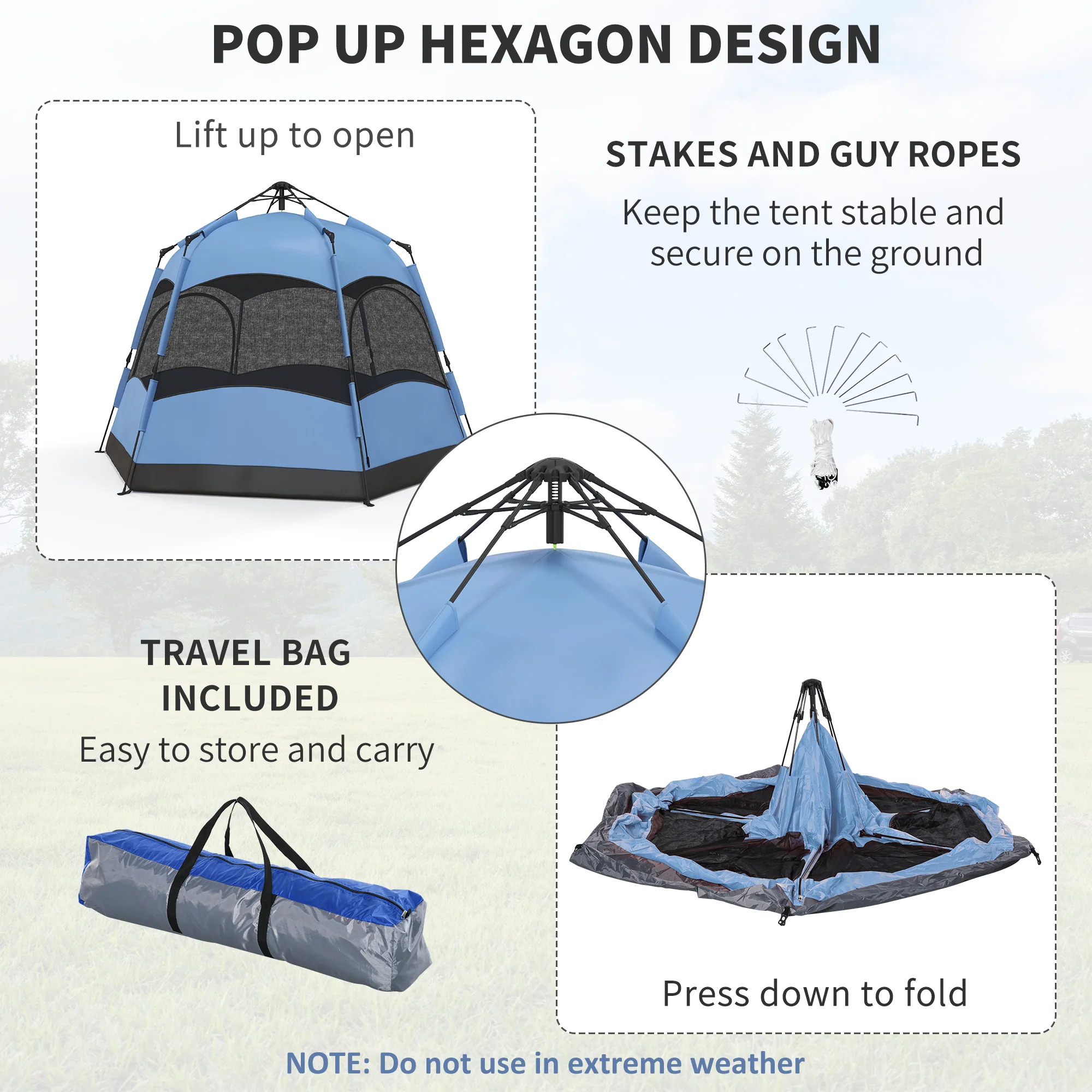 Outsunny 4 Person Pop Up Tent Camping Festival Hiking Shelter Family Blue&Black - Image 4