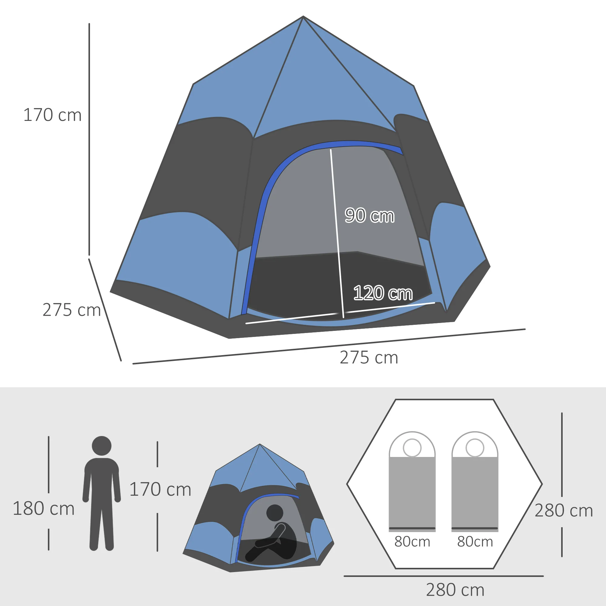 Outsunny 4 Person Pop Up Tent Camping Festival Hiking Shelter Family Blue&Black - Image 5