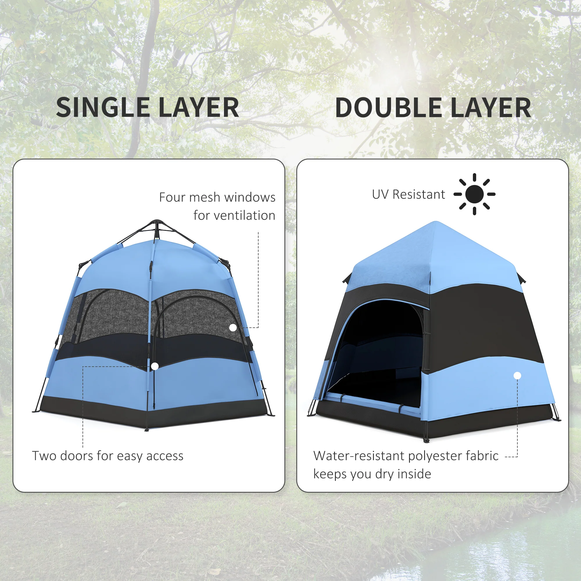 Outsunny 4 Person Pop Up Tent Camping Festival Hiking Shelter Family Blue&Black - Image 7