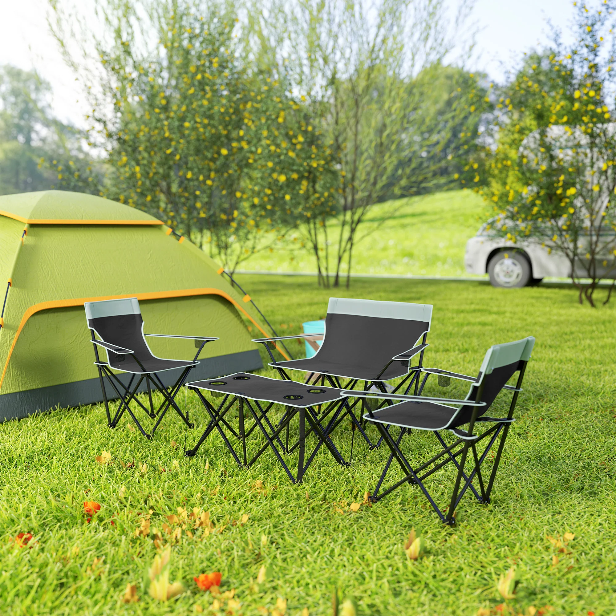 Outsunny 4 Piece Foldable Camping Table And Chairs Set - Black - Image 16