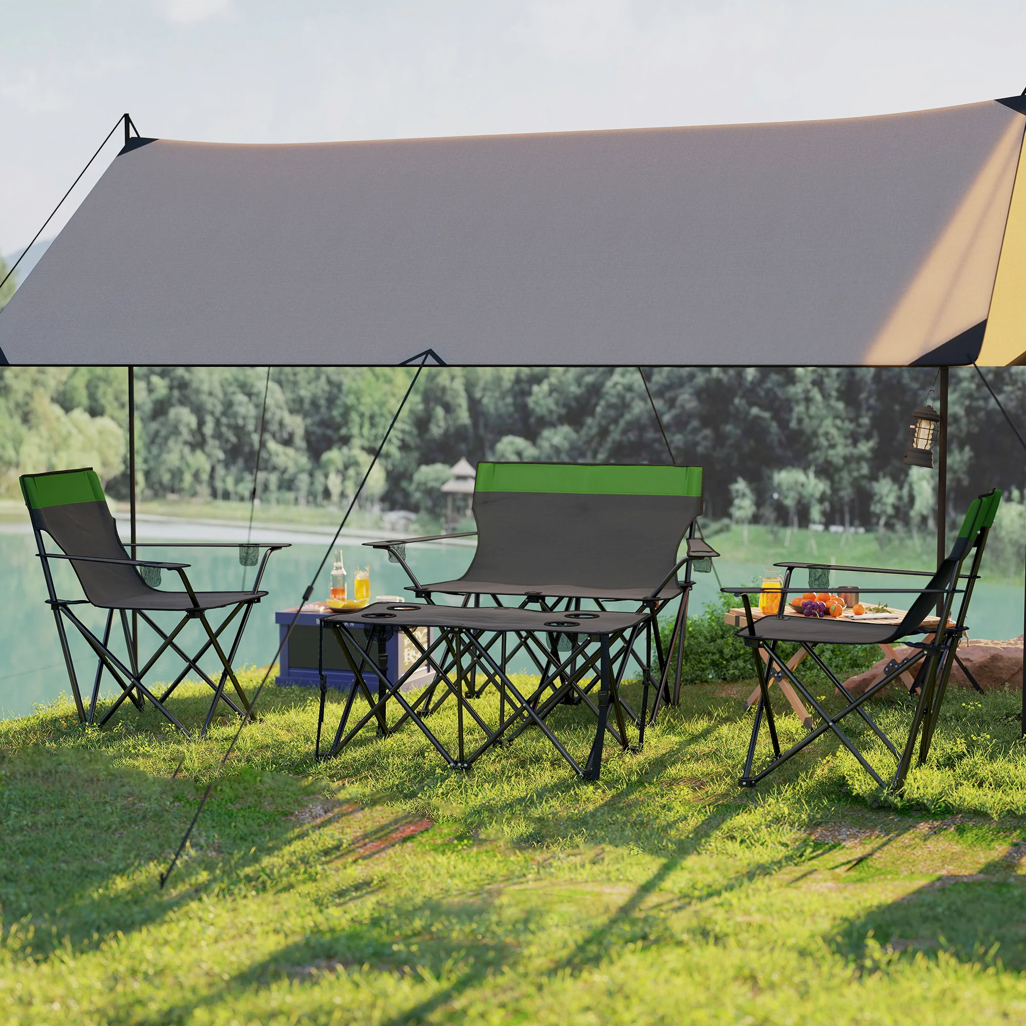 Outsunny 4 Piece Foldable Camping Table And Chairs Set - Black - Image 9