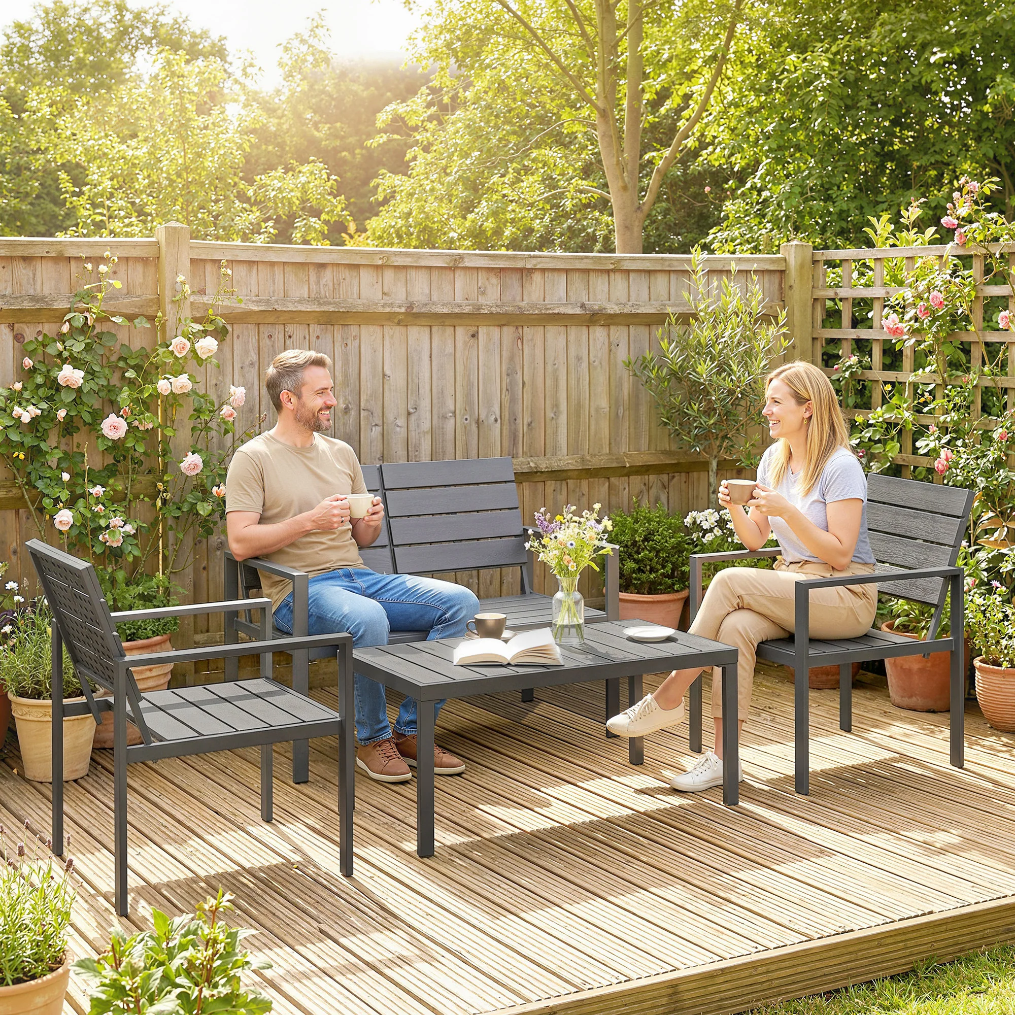 Outsunny 4 Piece Garden Furniture Set, HDPE Metal Outdoor Sofa, Dark Grey - Image 2