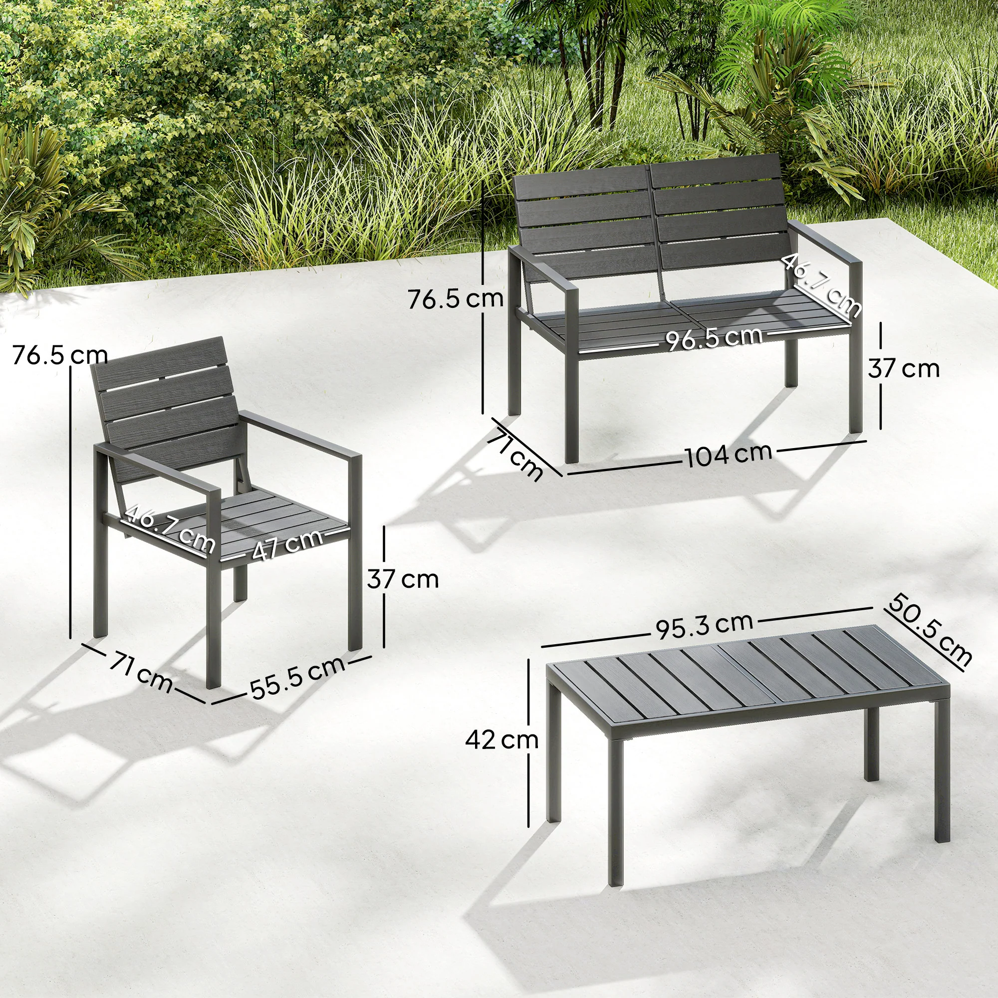 Outsunny 4 Piece Garden Furniture Set, HDPE Metal Outdoor Sofa, Dark Grey - Image 3