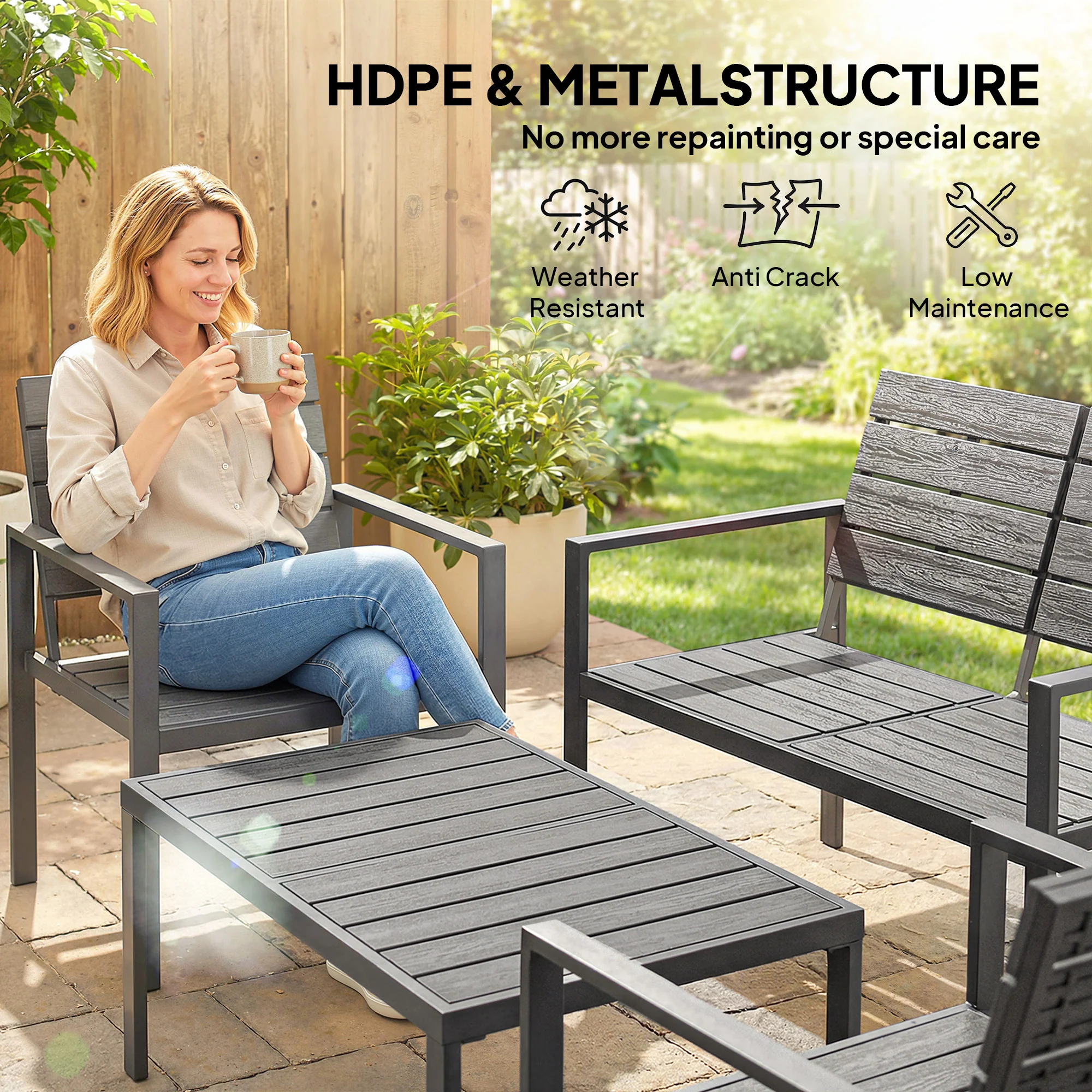 Outsunny 4 Piece Garden Furniture Set, HDPE Metal Outdoor Sofa, Dark Grey - Image 4