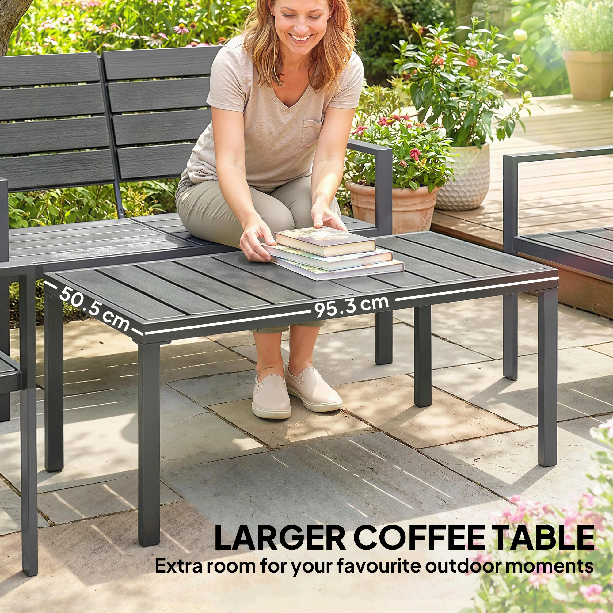 Outsunny 4 Piece Garden Furniture Set, HDPE Metal Outdoor Sofa, Dark Grey - Image 5