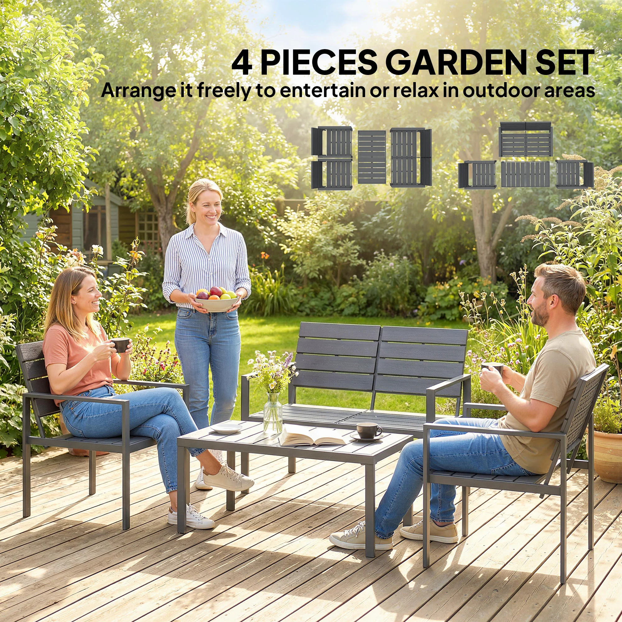 Outsunny 4 Piece Garden Furniture Set, HDPE Metal Outdoor Sofa, Dark Grey - Image 7