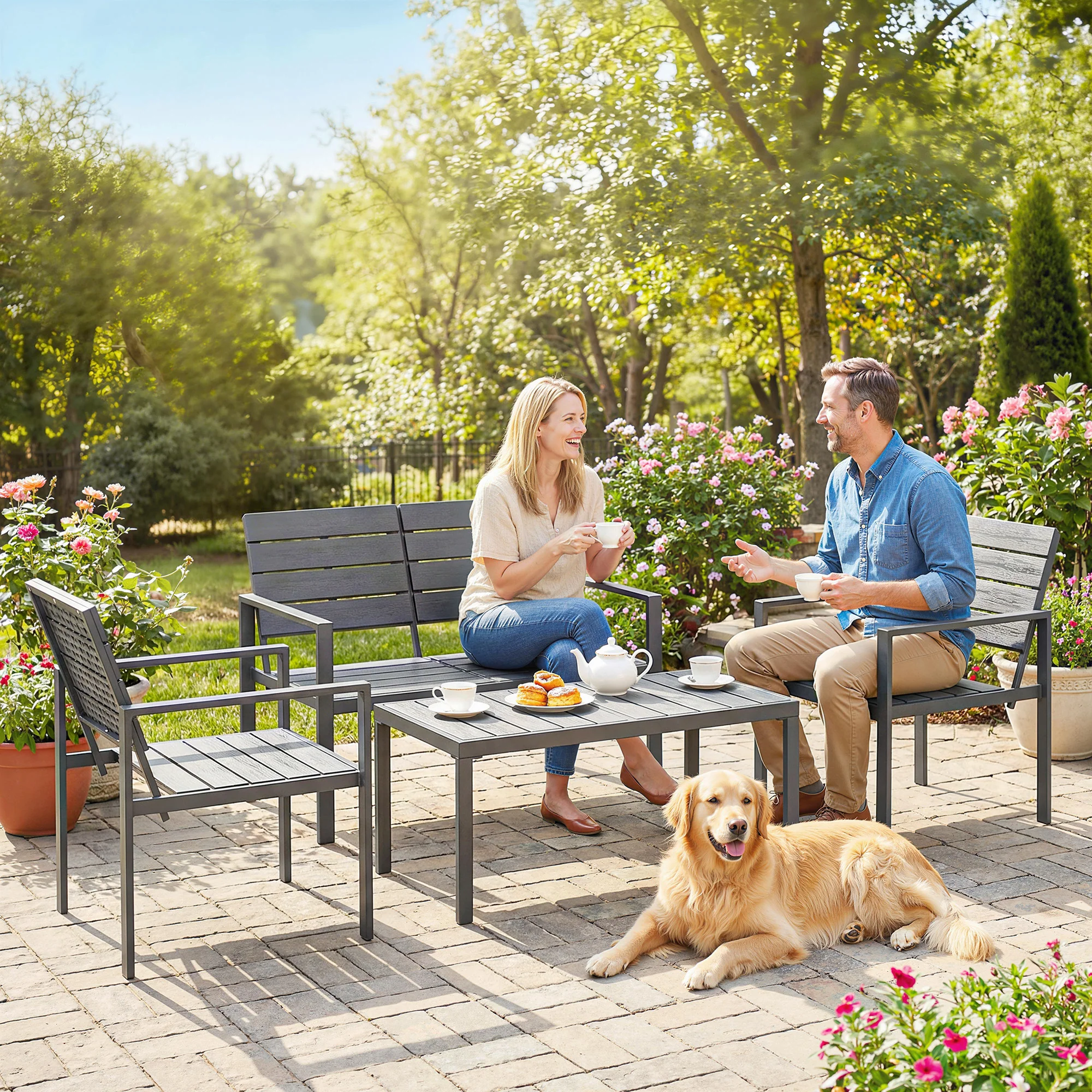 Outsunny 4 Piece Garden Furniture Set, HDPE Metal Outdoor Sofa, Dark Grey - Image 9