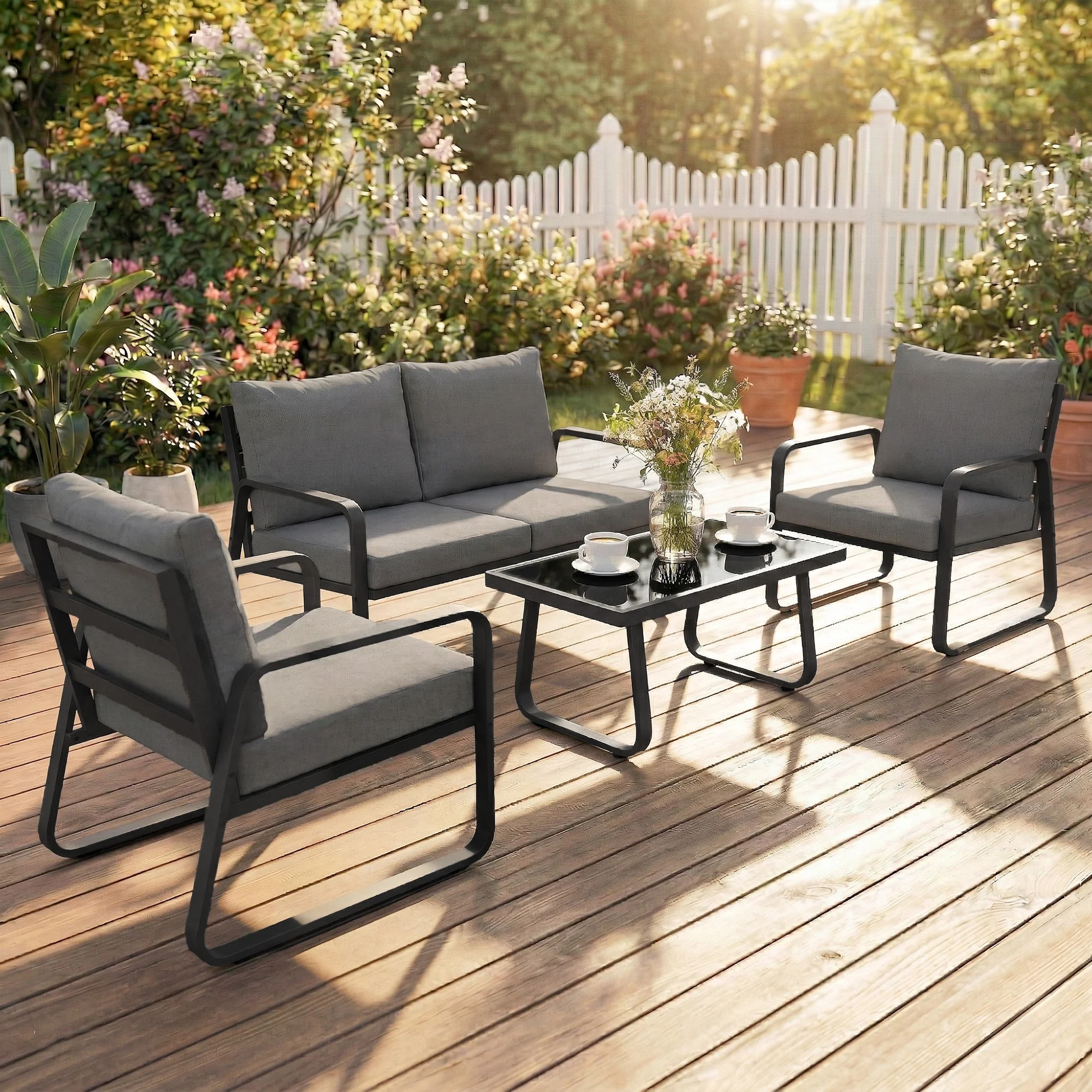 Outsunny 4 Piece Garden Furniture Set, Outdoor Sofa Set, Black - Image 2