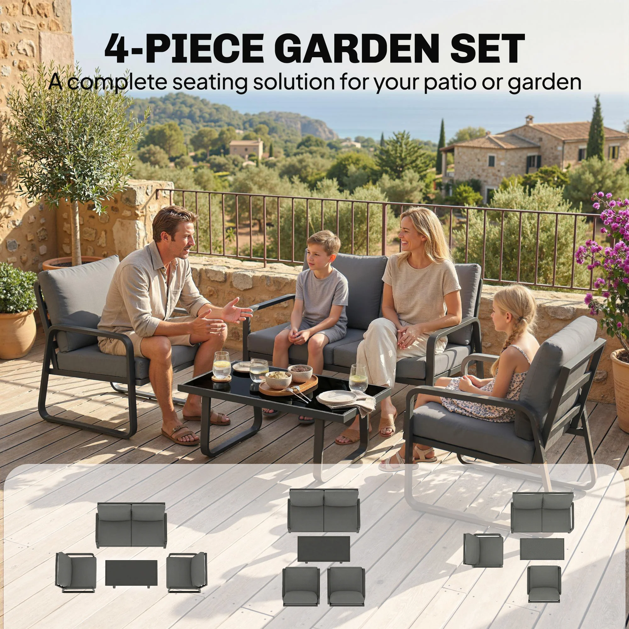 Outsunny 4 Piece Garden Furniture Set, Outdoor Sofa Set, Black - Image 3