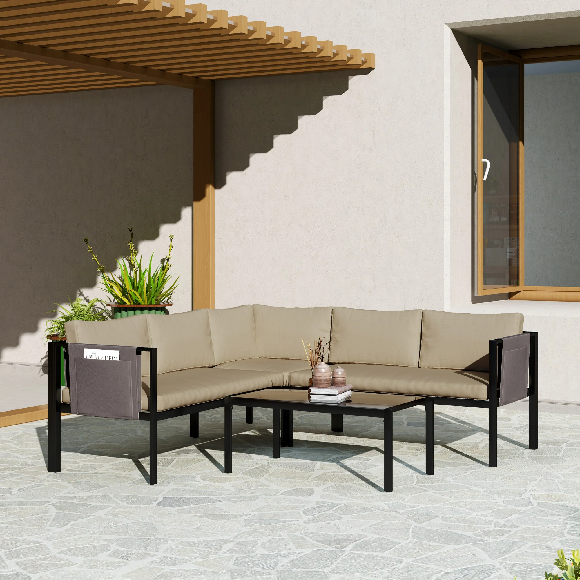 Outsunny 4 Piece Garden Furniture Set W/ Breathable Mesh Pocket, Khaki - Image 2