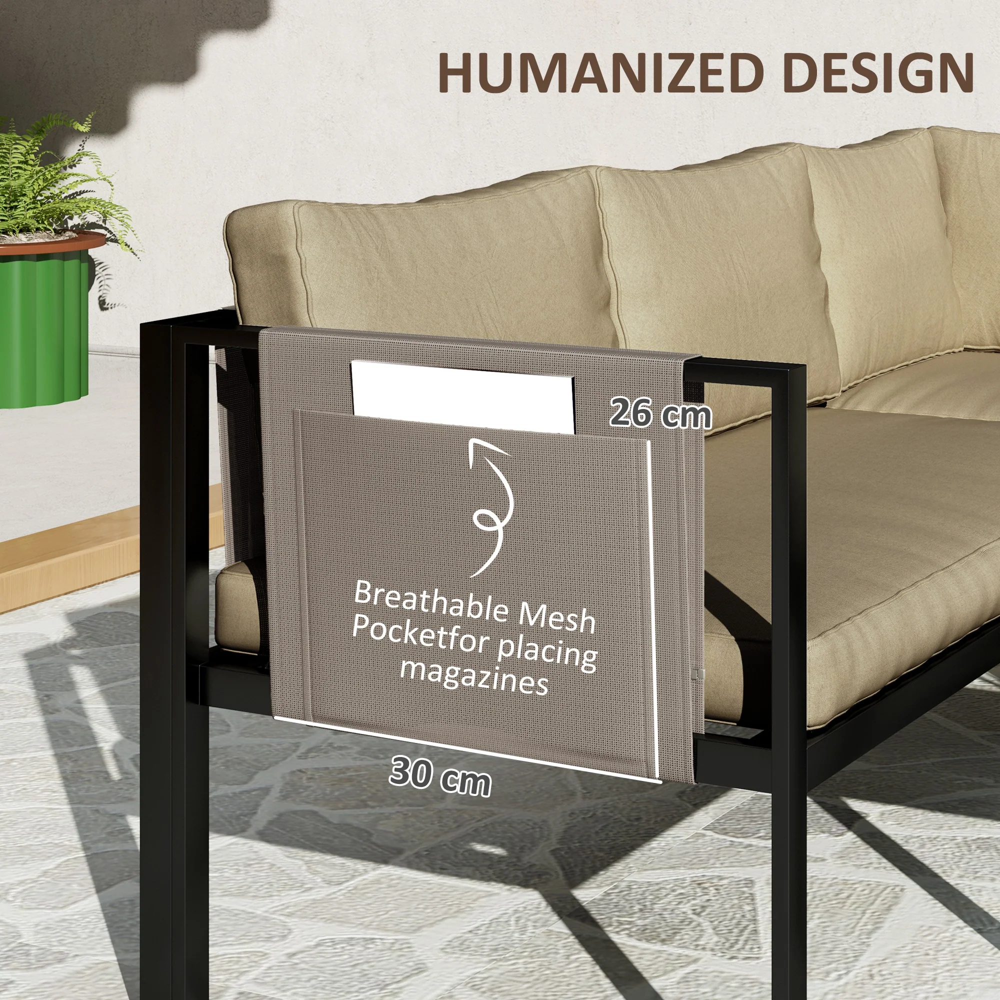 Outsunny 4 Piece Garden Furniture Set W/ Breathable Mesh Pocket, Khaki - Image 3