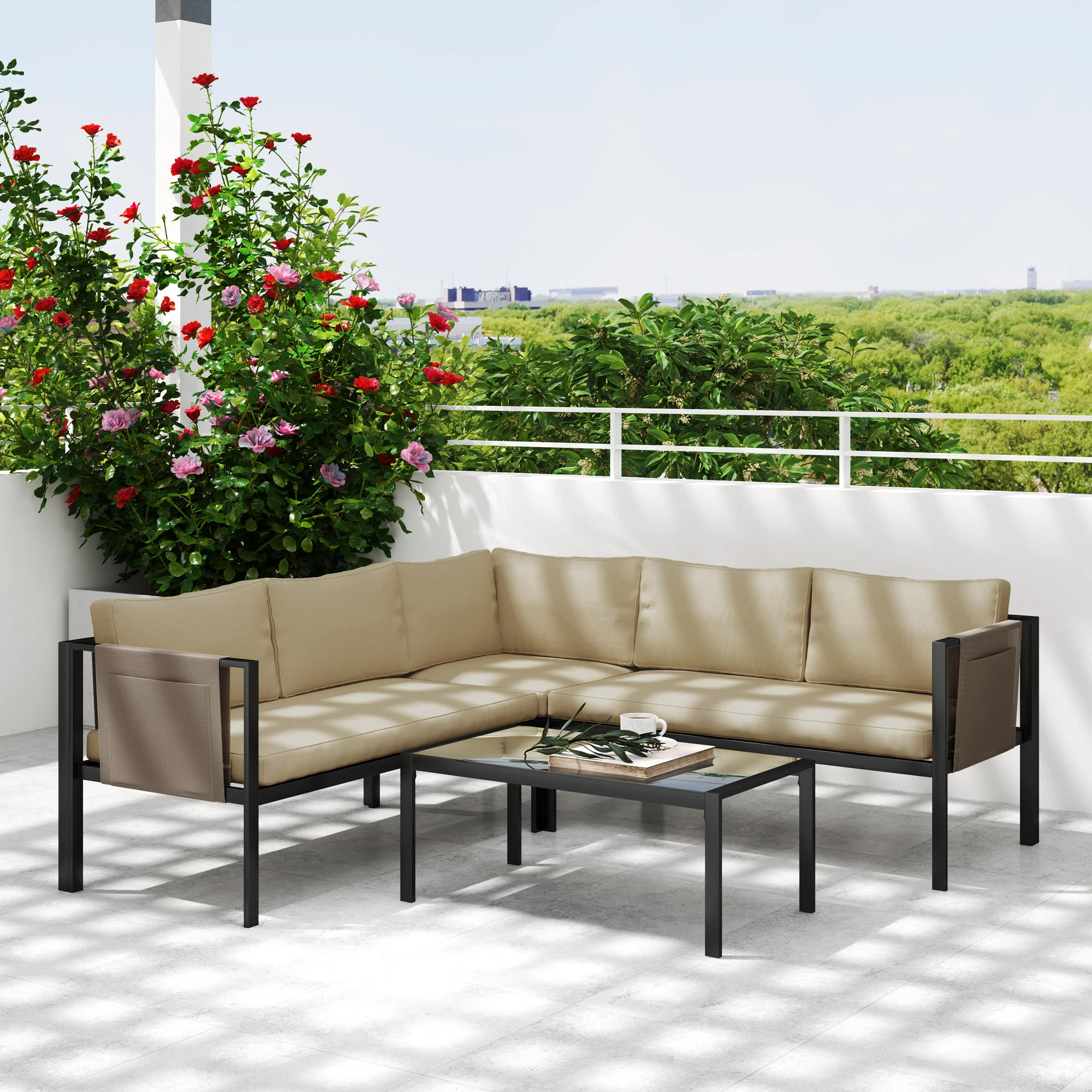 Outsunny 4 Piece Garden Furniture Set W/ Breathable Mesh Pocket, Khaki - Image 8