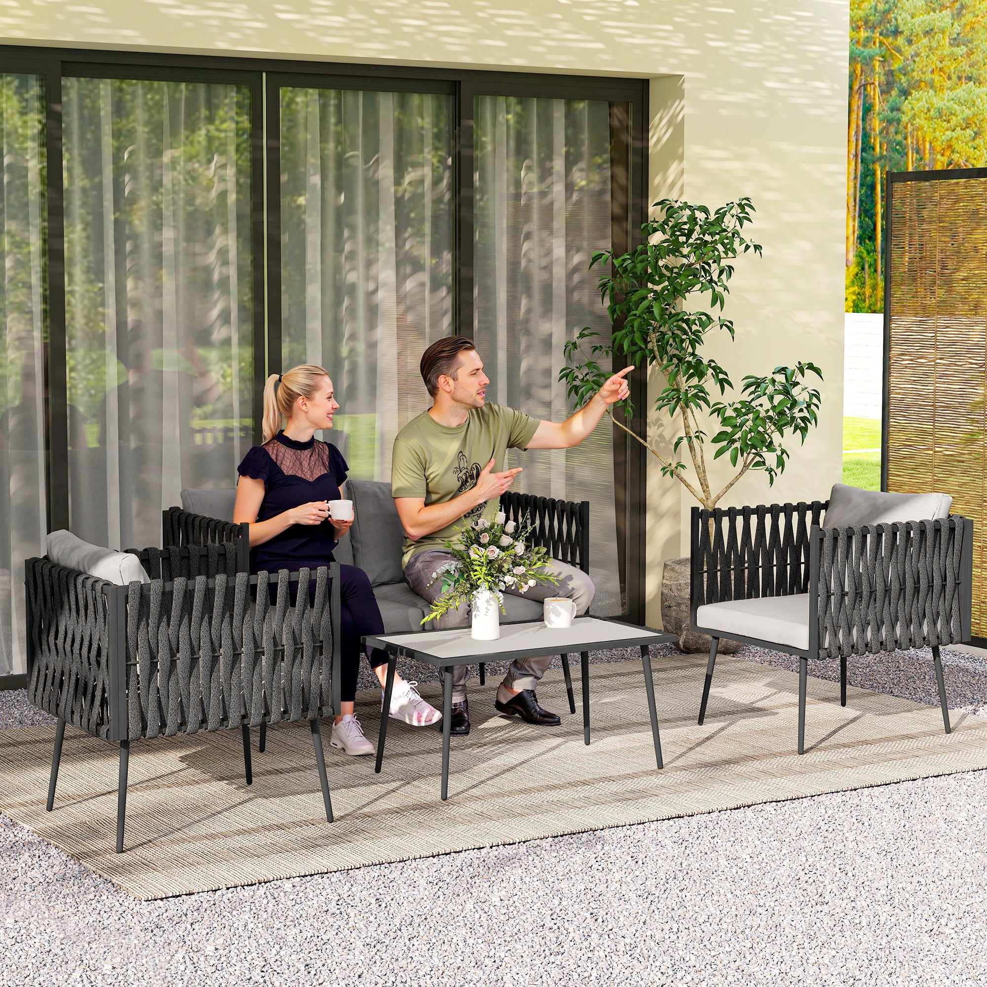 Outsunny 4 Piece Garden Furniture Set with Cushions for Patio, Light Grey - Image 2