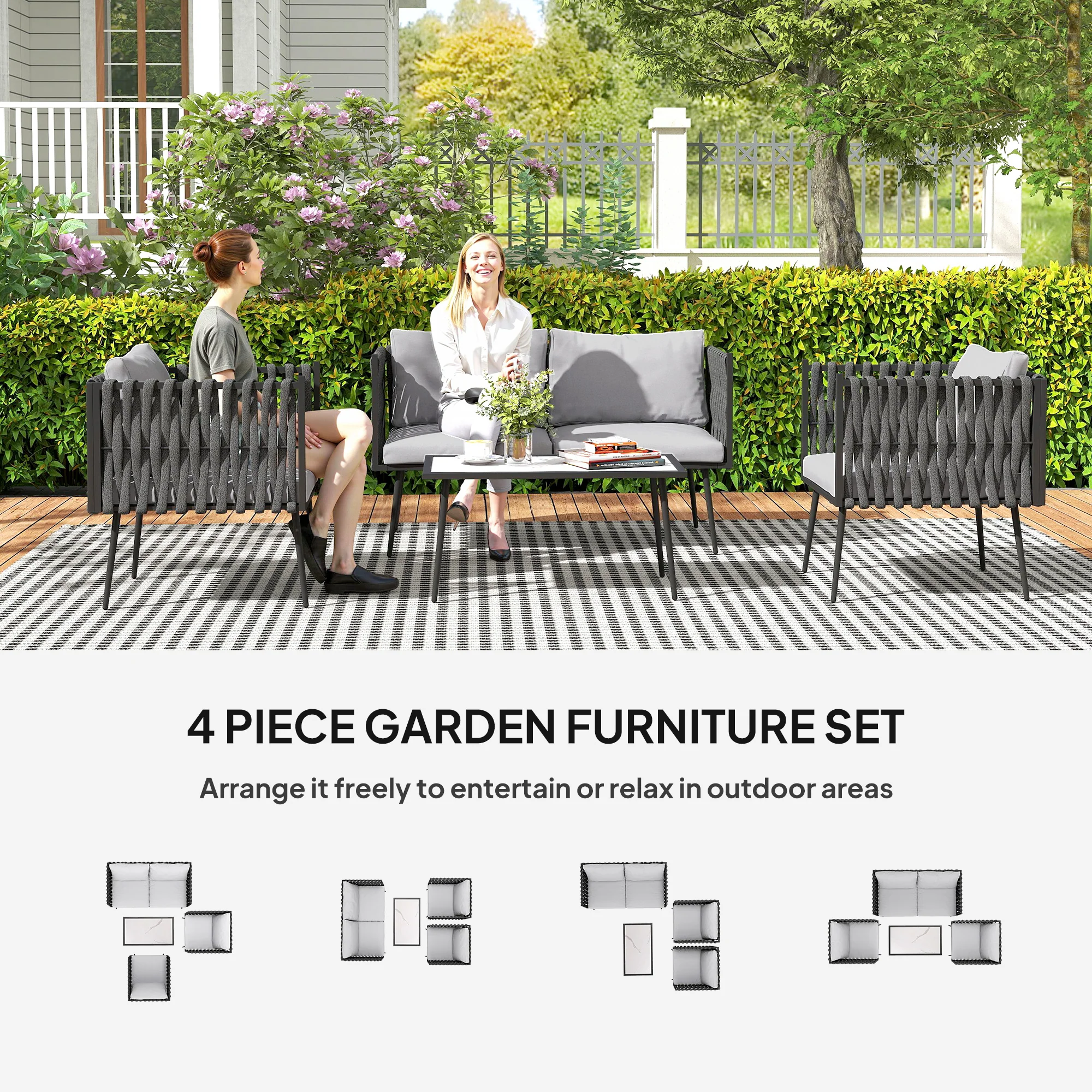 Outsunny 4 Piece Garden Furniture Set with Cushions for Patio, Light Grey - Image 3